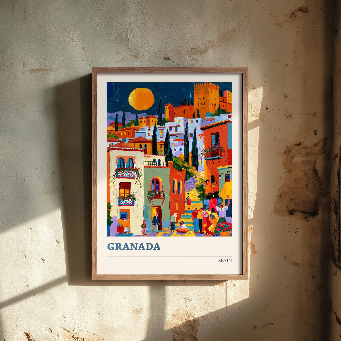Granada Spain Travel Poster - Art Print - Colourful City Illustration - Moonlit Alhambra Wall Art V2 1/3