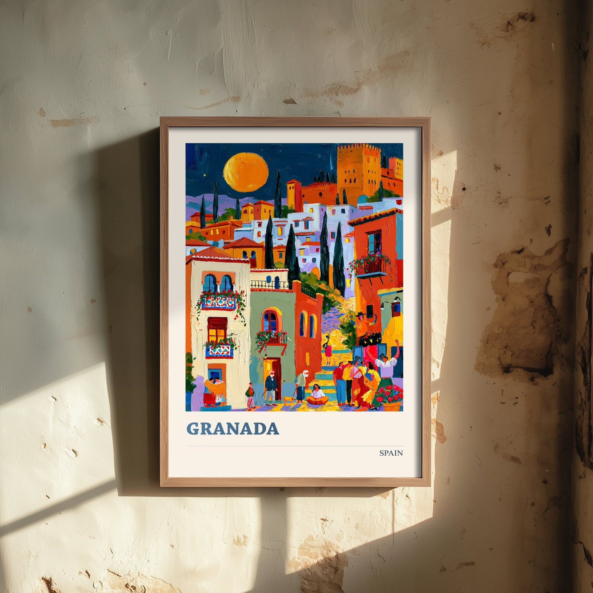 Granada Spain Travel Poster - Art Print - Colourful City Illustration - Moonlit Alhambra Wall Art V2 1/3
