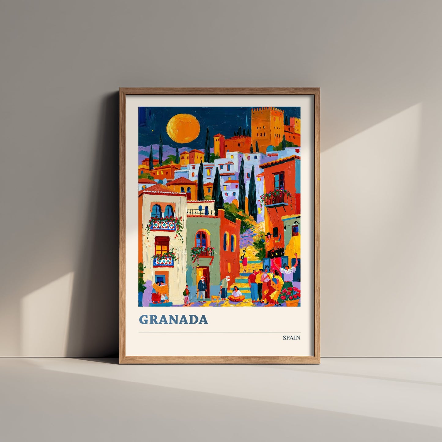 Granada Spain Travel Poster - Art Print - Colourful City Illustration - Moonlit Alhambra Wall Art V2 1/3