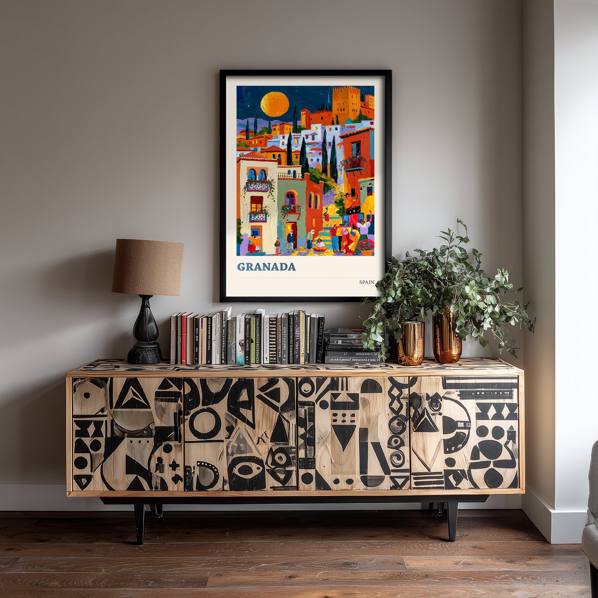 Granada Spain Travel Poster - Art Print - Colourful City Illustration - Moonlit Alhambra Wall Art V2 1/3