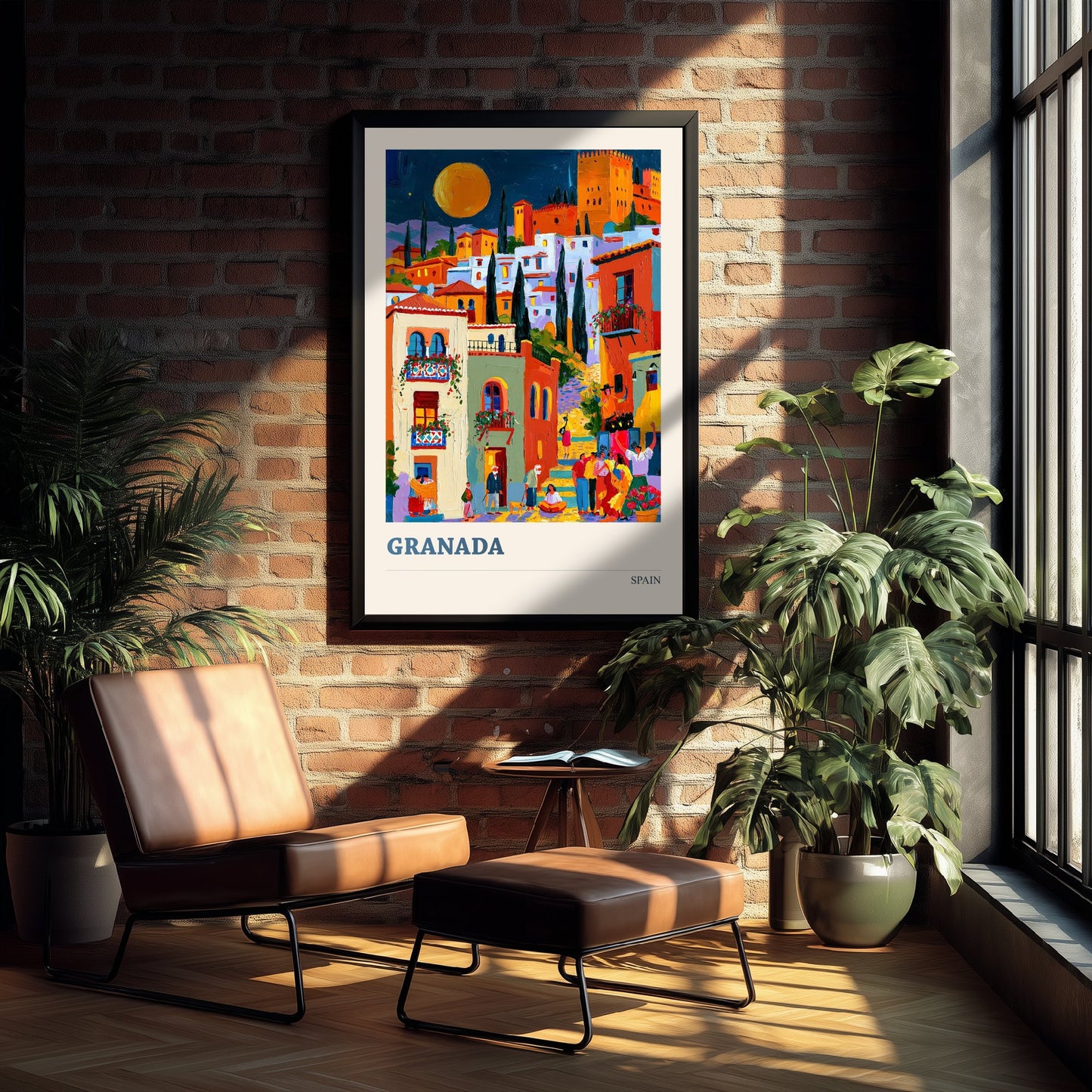 Granada Spain Travel Poster - Art Print - Colourful City Illustration - Moonlit Alhambra Wall Art V2 1/3