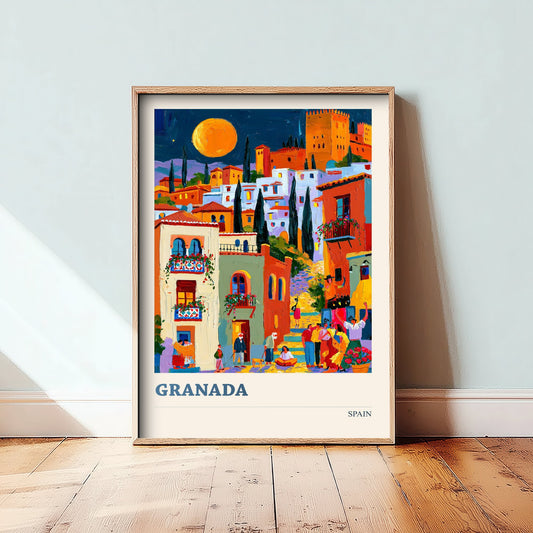 Granada Spain Travel Poster - Art Print - Colourful City Illustration - Moonlit Alhambra Wall Art V2 1/3