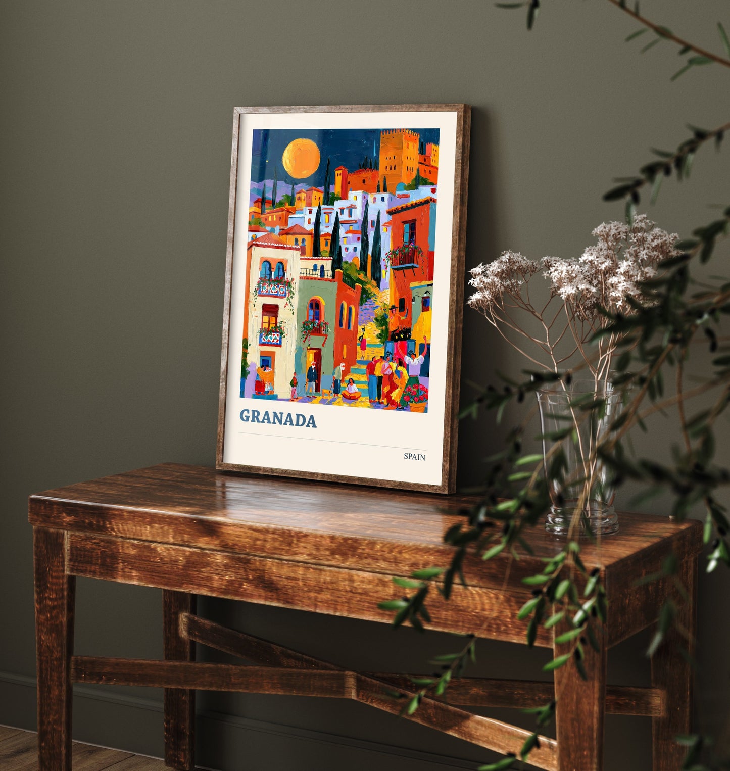 Granada Spain Travel Poster - Art Print - Colourful City Illustration - Moonlit Alhambra Wall Art V2 1/3