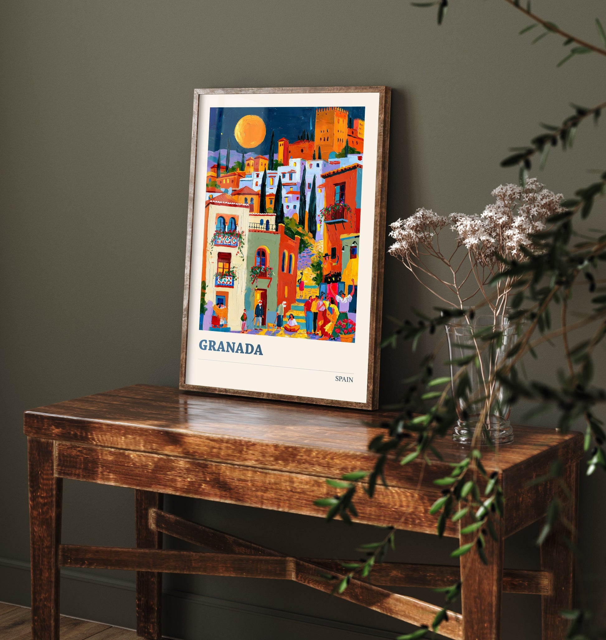Granada Spain Travel Poster - Art Print - Colourful City Illustration - Moonlit Alhambra Wall Art V2 1/3