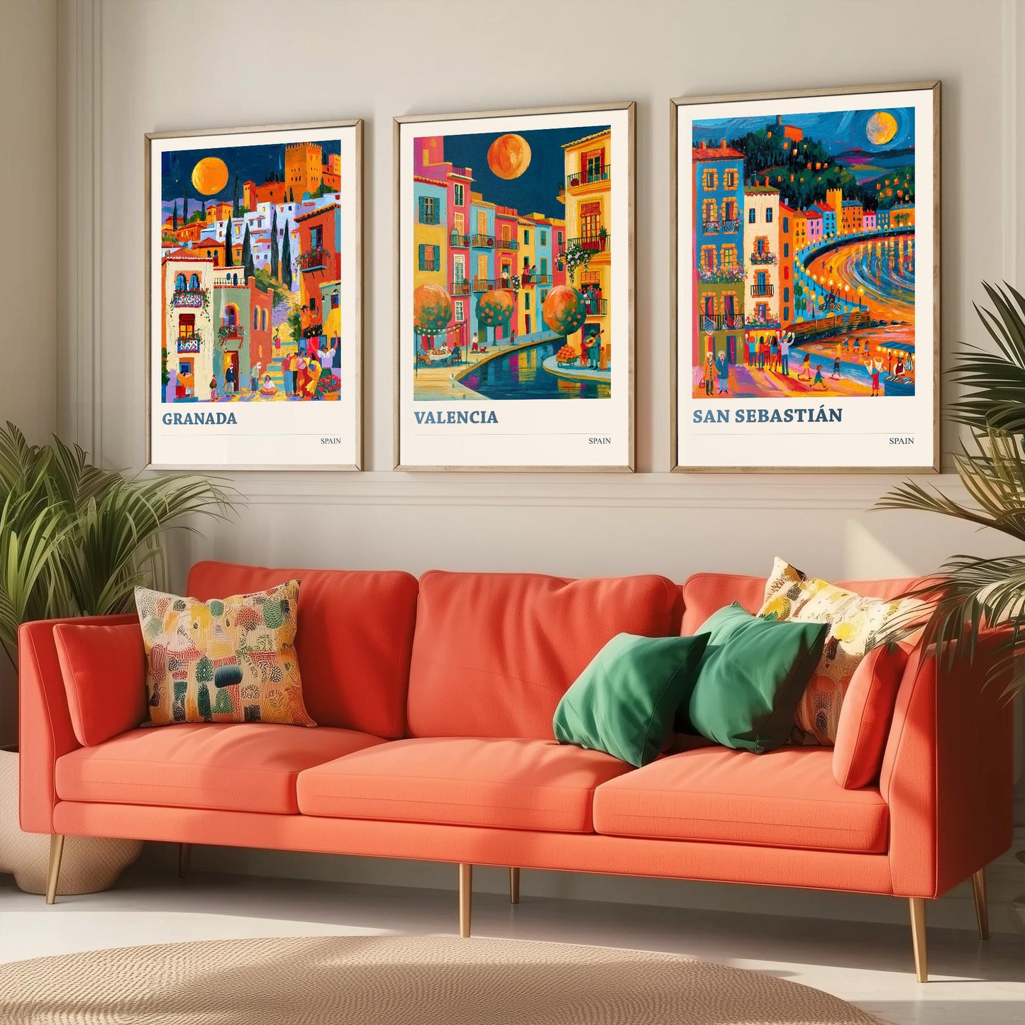 Set of Three Spain Travel Posters - Granada, Valencia, San Sebastian - Bold Spanish Art Print Painting Gift Cityscape Decor V2