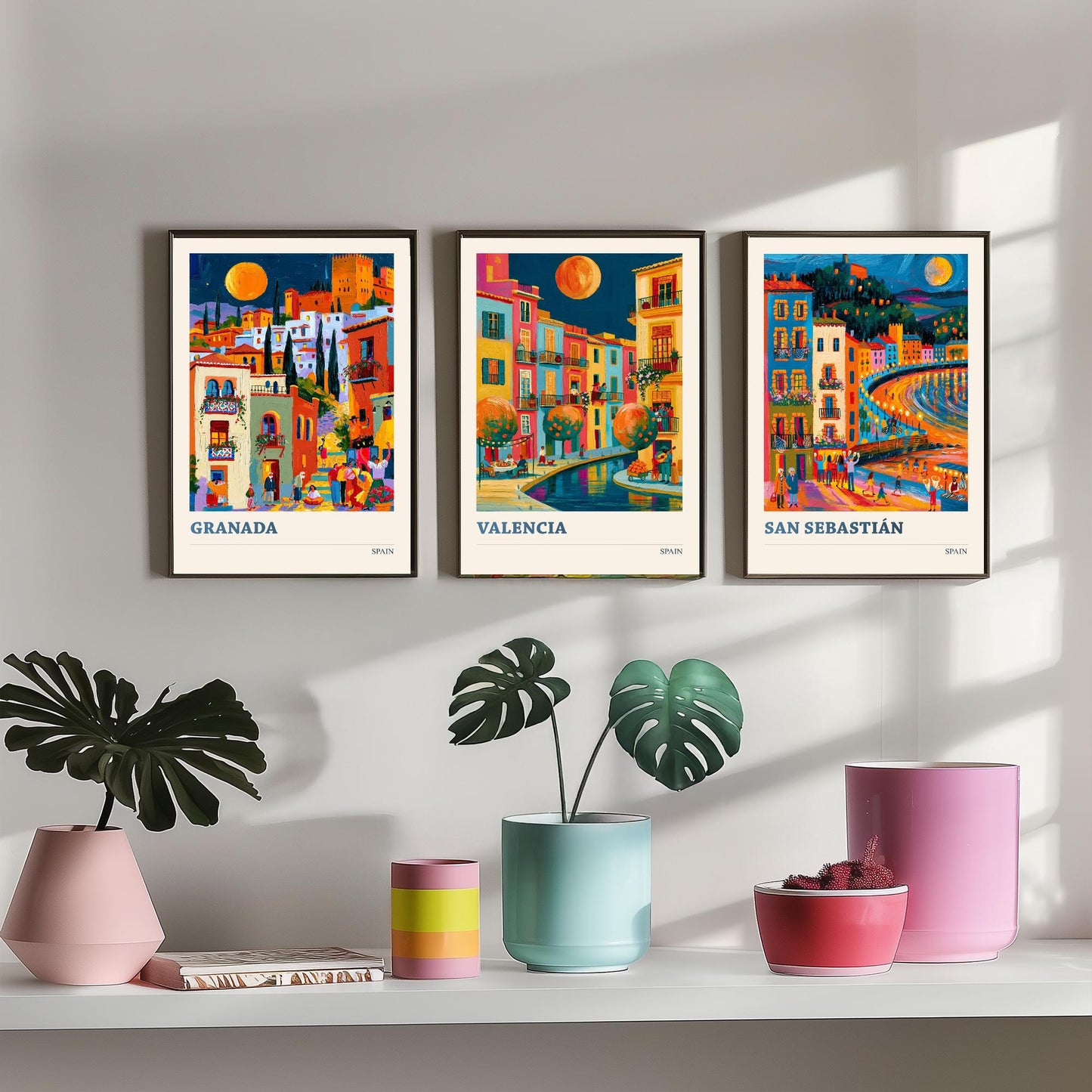 Set of Three Spain Travel Posters - Granada, Valencia, San Sebastian - Bold Spanish Art Print Painting Gift Cityscape Decor V2