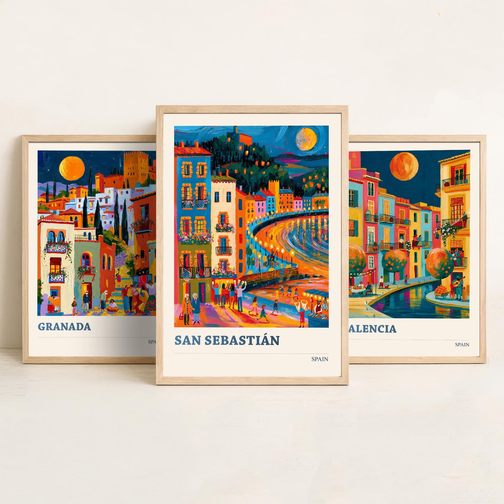 Set of Three Spain Travel Posters - Granada, Valencia, San Sebastian - Bold Spanish Art Print Painting Gift Cityscape Decor V2