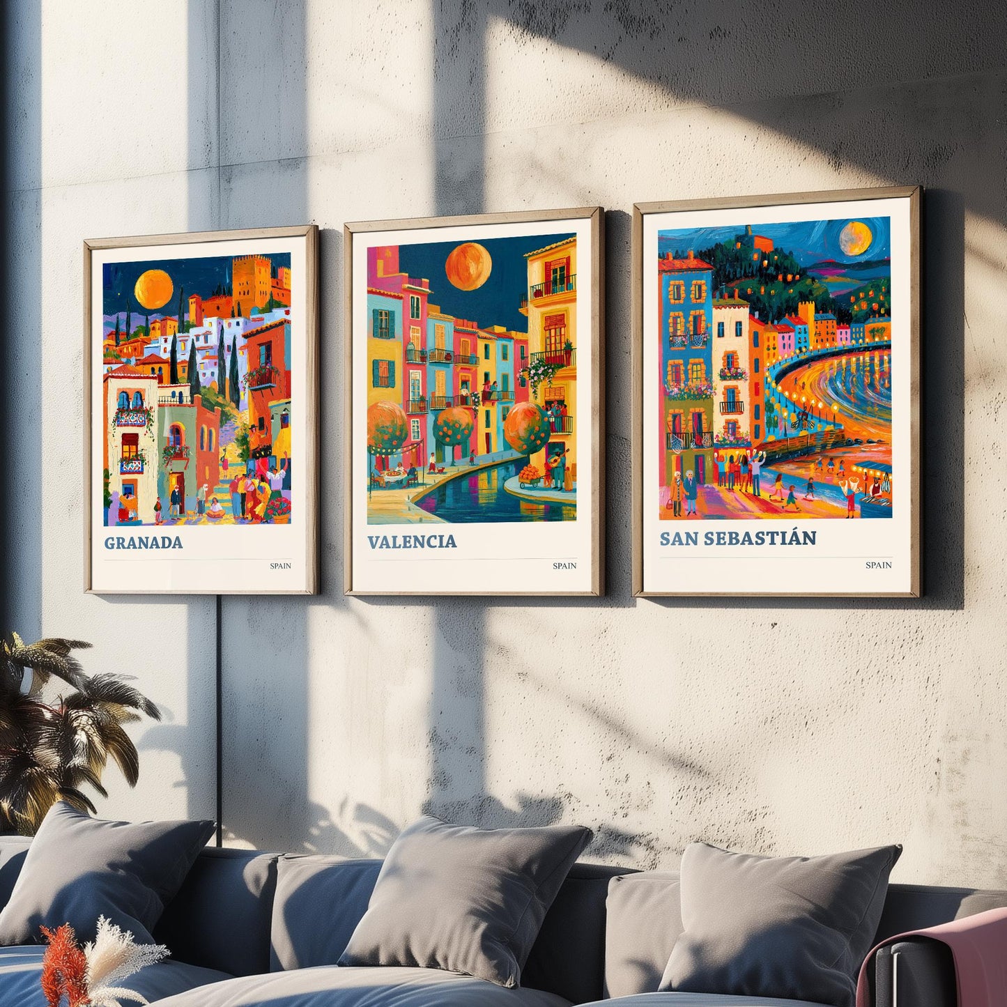 Set of Three Spain Travel Posters - Granada, Valencia, San Sebastian - Bold Spanish Art Print Painting Gift Cityscape Decor V2