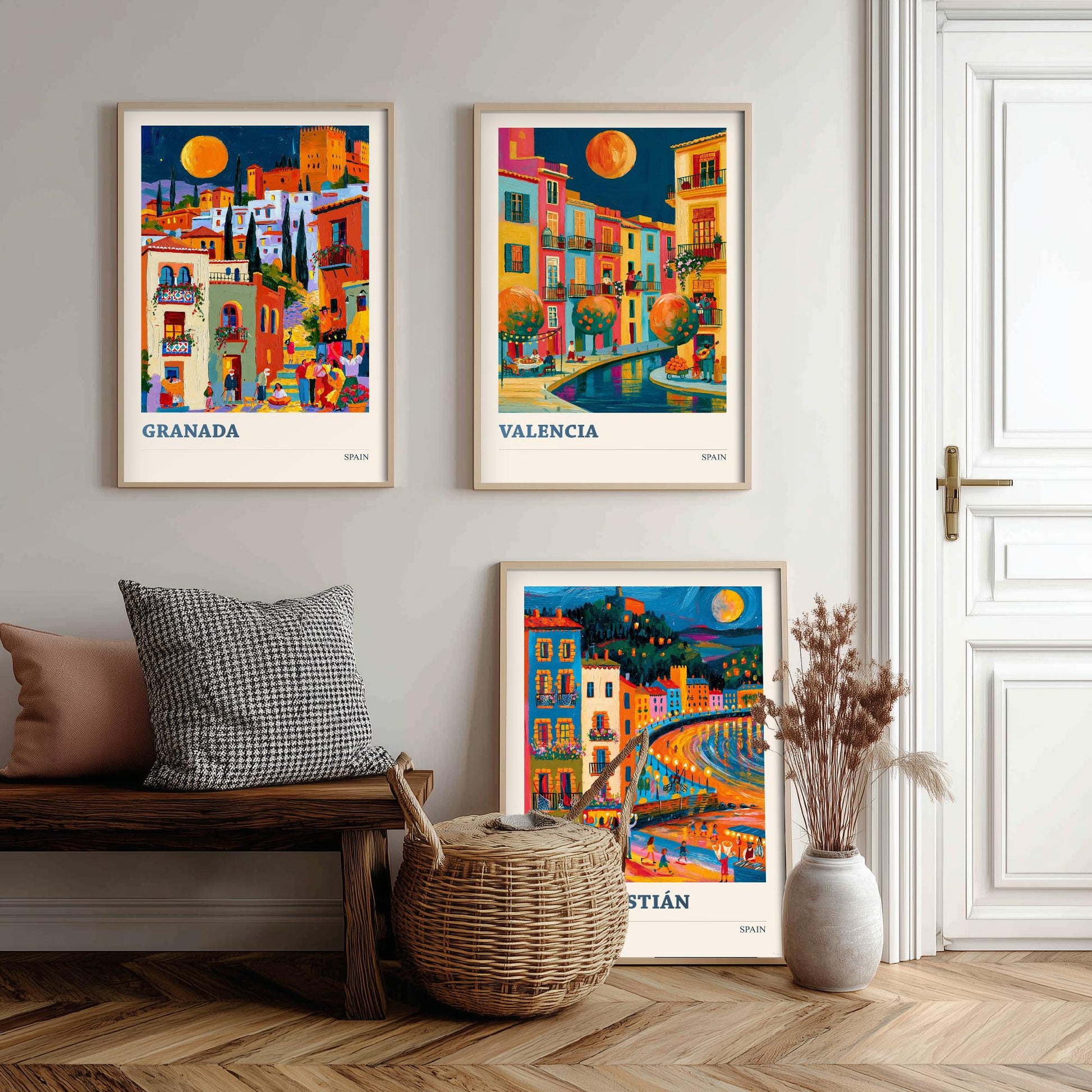Set of Three Spain Travel Posters - Granada, Valencia, San Sebastian - Bold Spanish Art Print Painting Gift Cityscape Decor V2