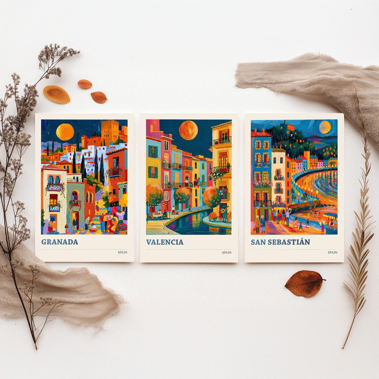 Set of Three Spain Travel Posters - Granada, Valencia, San Sebastian - Bold Spanish Art Print Painting Gift Cityscape Decor V2
