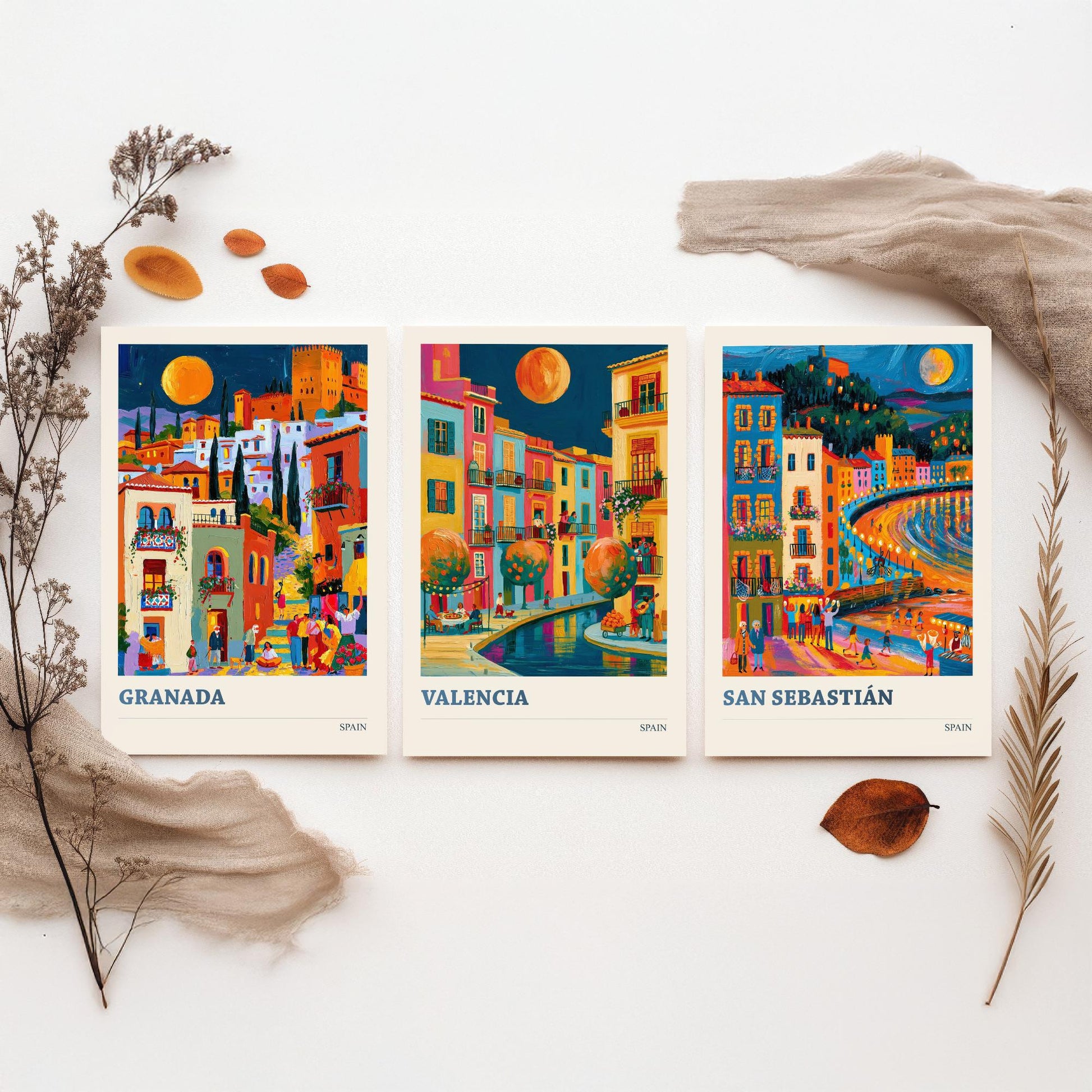 Set of Three Spain Travel Posters - Granada, Valencia, San Sebastian - Bold Spanish Art Print Painting Gift Cityscape Decor V2
