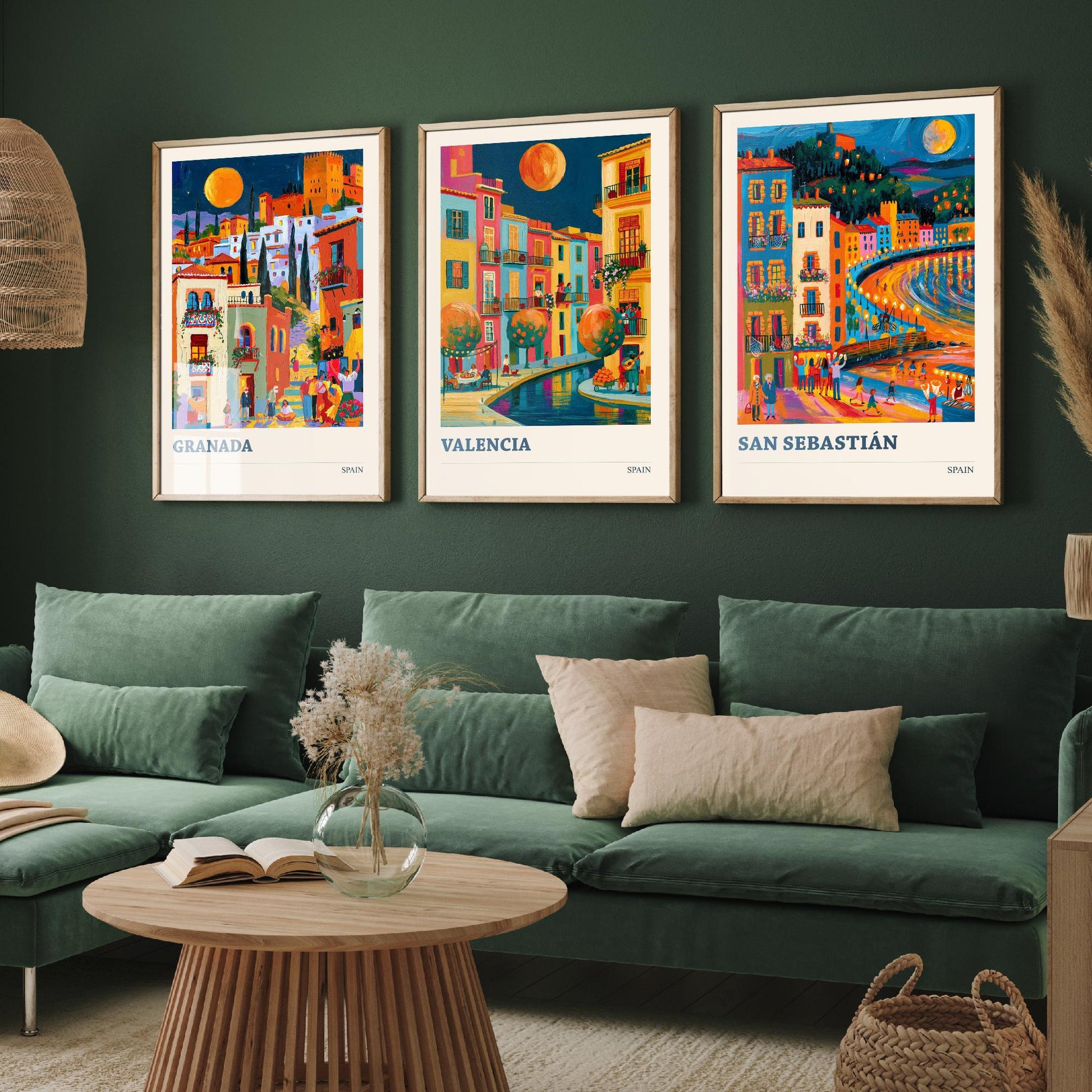 Set of Three Spain Travel Posters - Granada, Valencia, San Sebastian - Bold Spanish Art Print Painting Gift Cityscape Decor V2