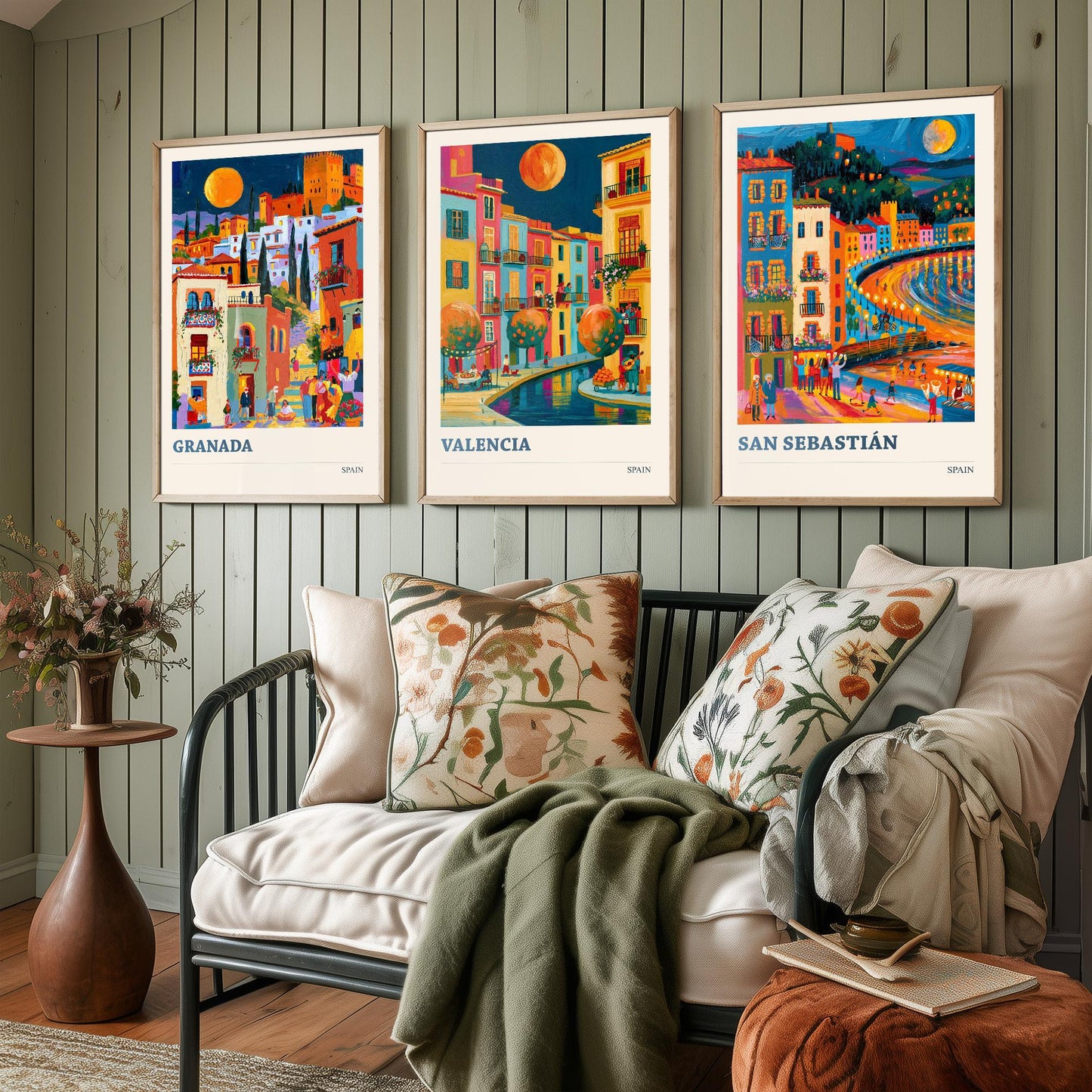 Set of Three Spain Travel Posters - Granada, Valencia, San Sebastian - Bold Spanish Art Print Painting Gift Cityscape Decor V2
