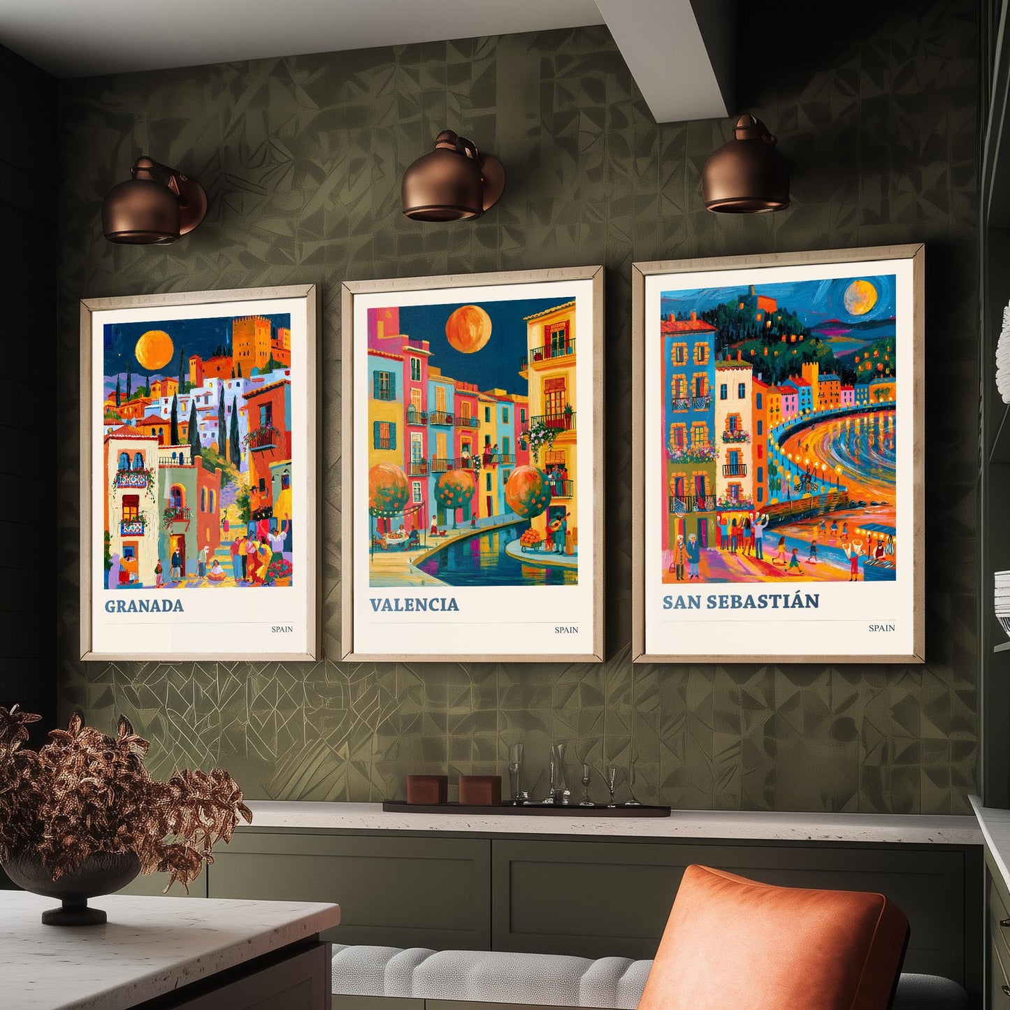 Set of Three Spain Travel Posters - Granada, Valencia, San Sebastian - Bold Spanish Art Print Painting Gift Cityscape Decor V2