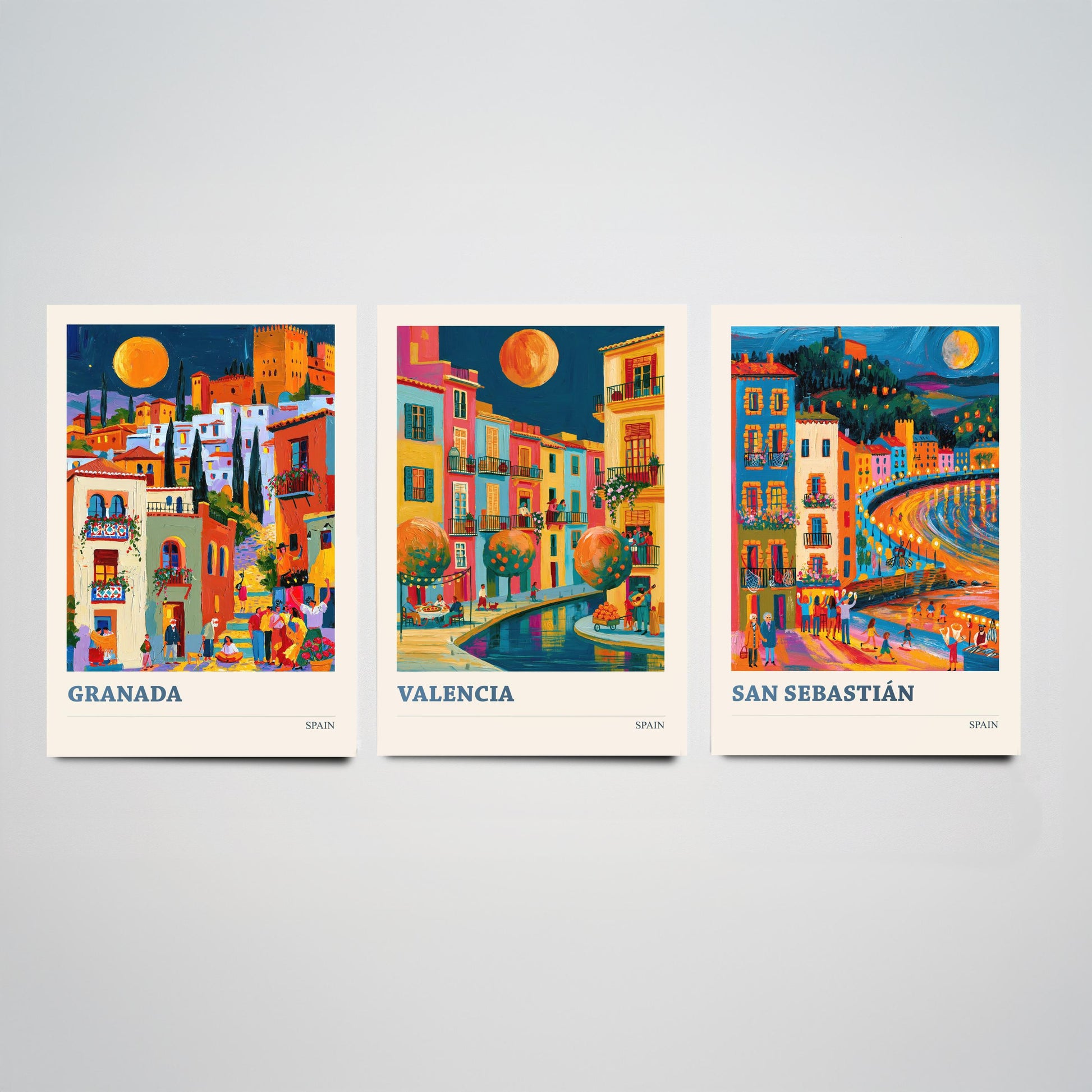 Set of Three Spain Travel Posters - Granada, Valencia, San Sebastian - Bold Spanish Art Print Painting Gift Cityscape Decor V2