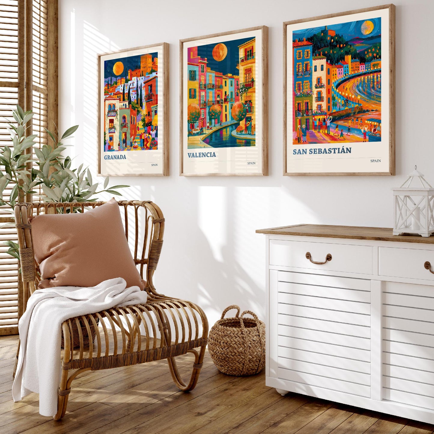 Set of Three Spain Travel Posters - Granada, Valencia, San Sebastian - Bold Spanish Art Print Painting Gift Cityscape Decor V2