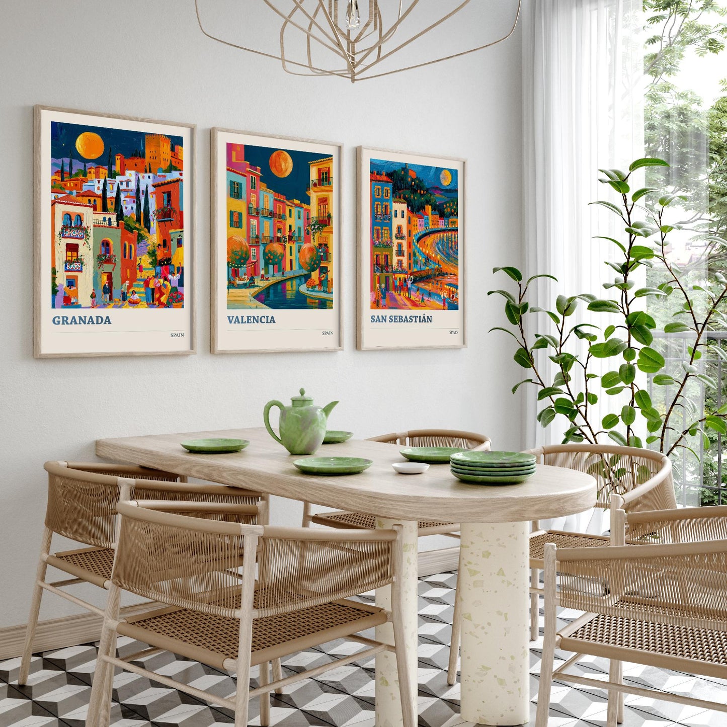 Set of Three Spain Travel Posters - Granada, Valencia, San Sebastian - Bold Spanish Art Print Painting Gift Cityscape Decor V2