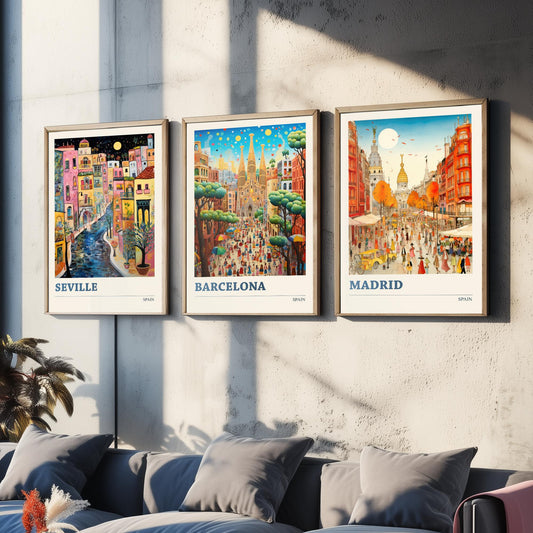 Spain Set of Three Travel Posters - Seville, Barcelona, Madrid - Ludwig Folk Art Prints - Naive Painting