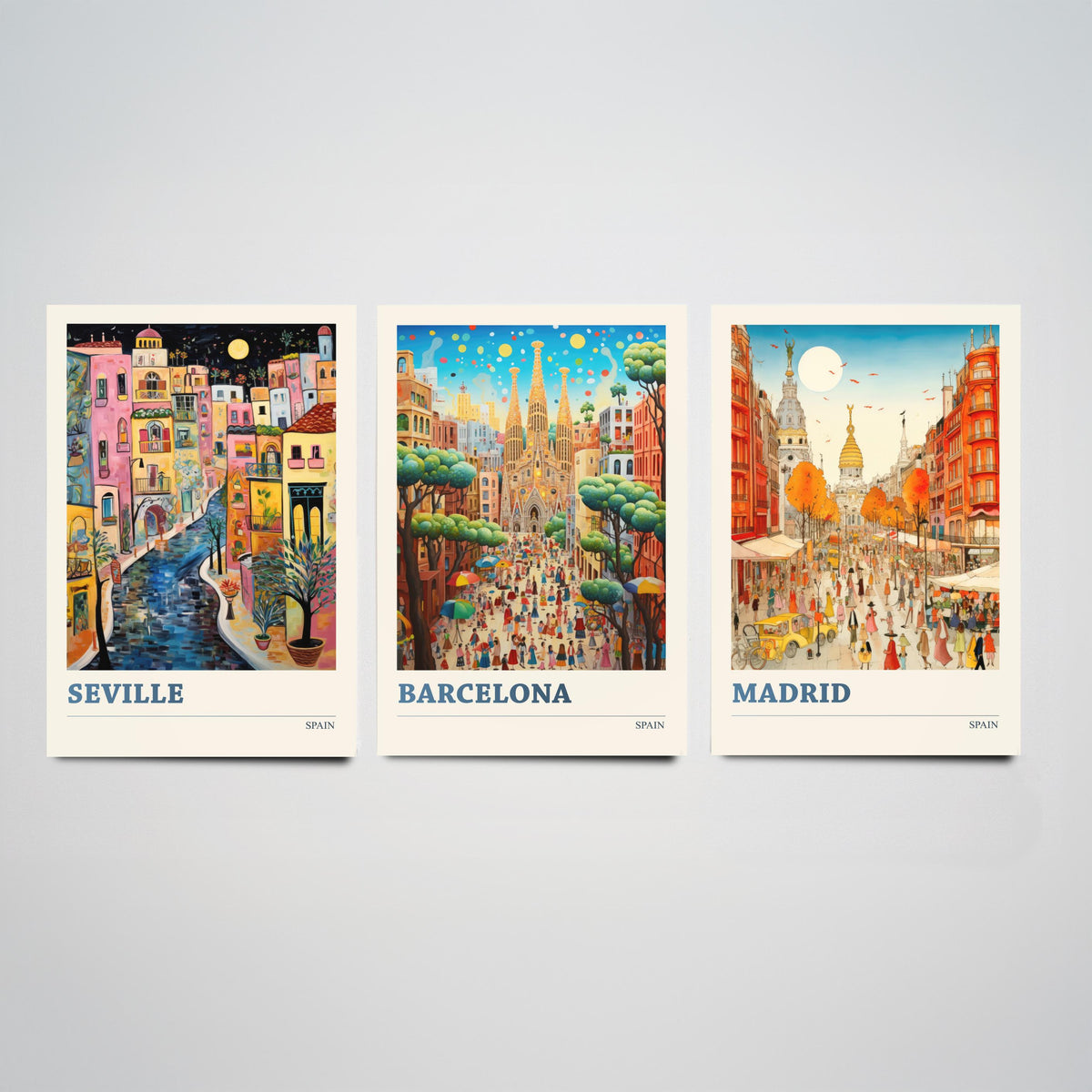 Spain Set of Three Travel Posters - Seville, Barcelona, Madrid - Ludwig Folk Art Prints - Naive Painting