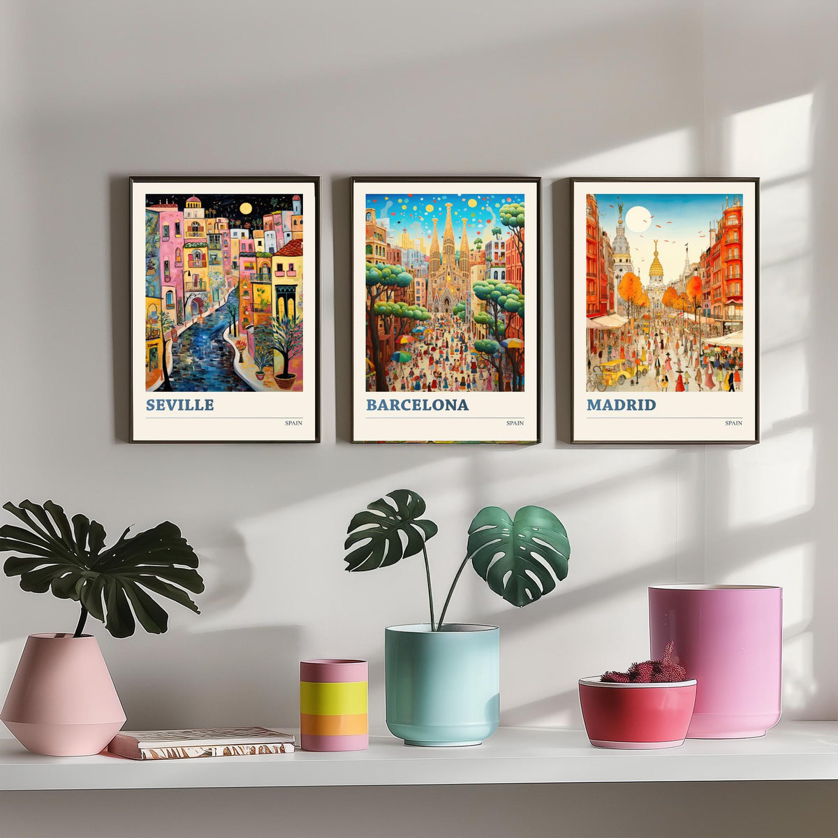 Spain Set of Three Travel Posters - Seville, Barcelona, Madrid - Ludwig Folk Art Prints - Naive Painting