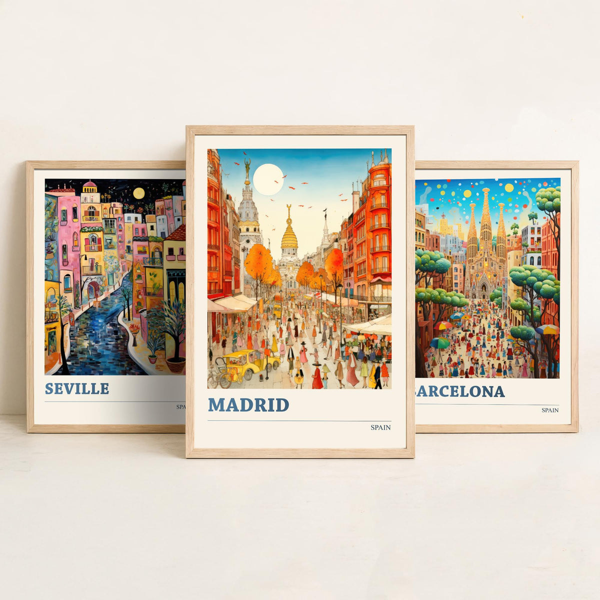 Spain Set of Three Travel Posters - Seville, Barcelona, Madrid - Ludwig Folk Art Prints - Naive Painting