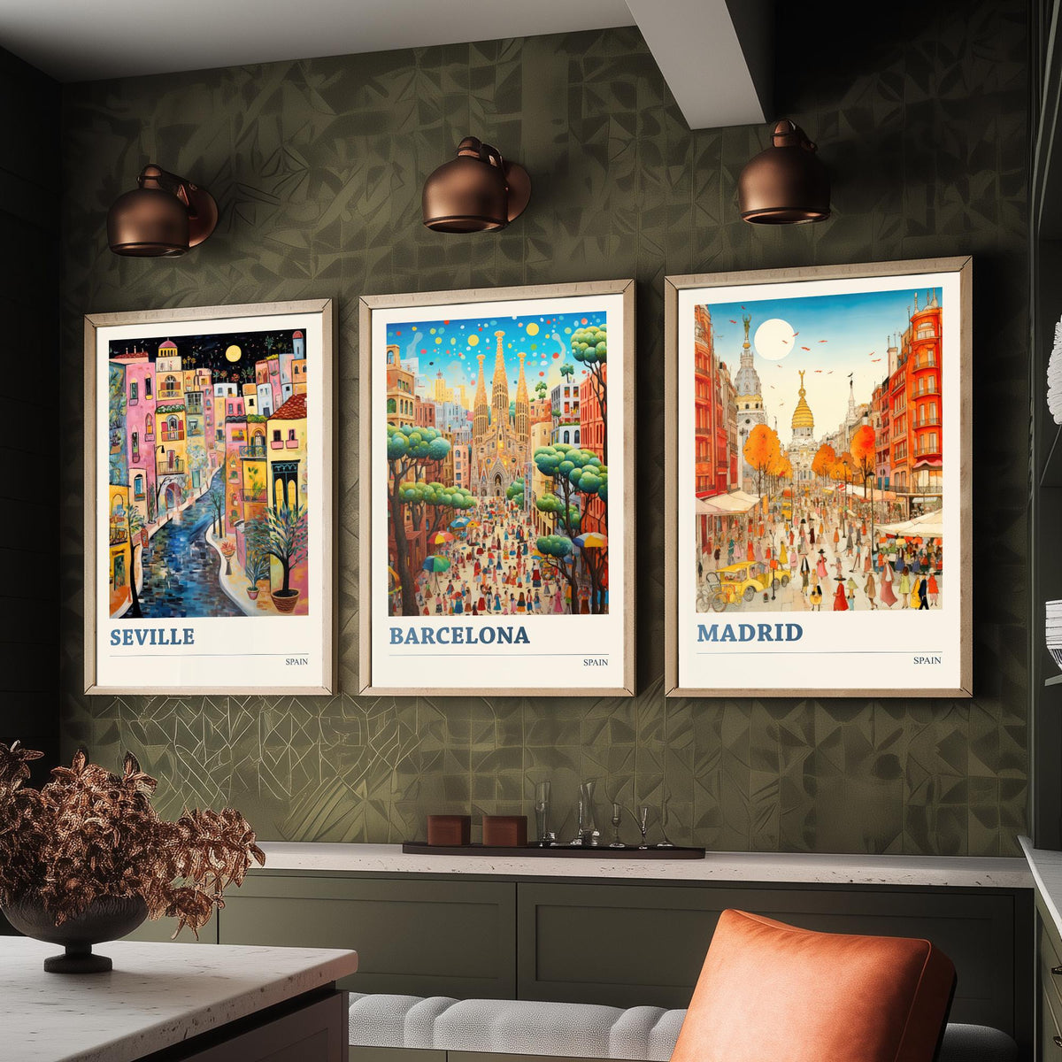Spain Set of Three Travel Posters - Seville, Barcelona, Madrid - Ludwig Folk Art Prints - Naive Painting