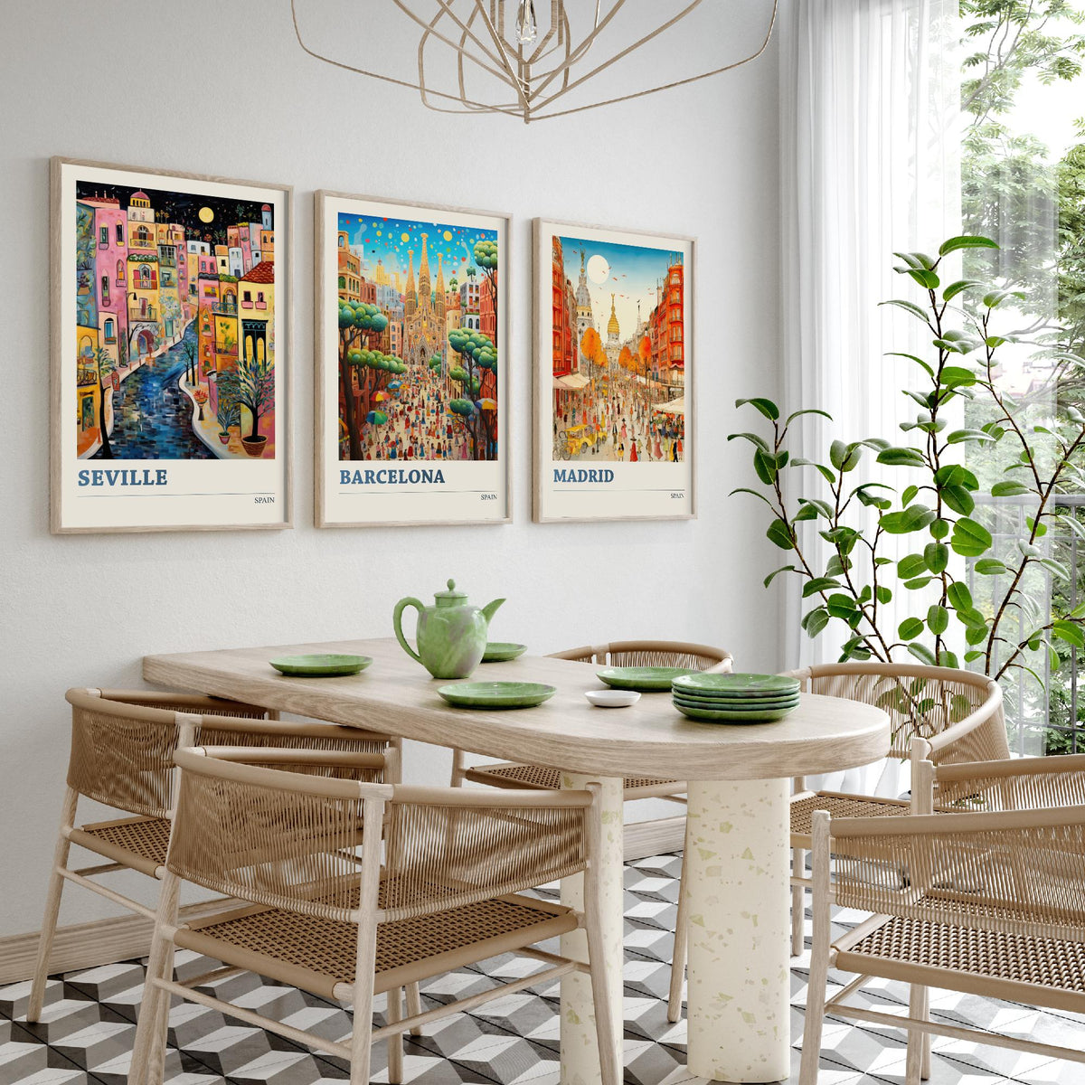 Spain Set of Three Travel Posters - Seville, Barcelona, Madrid - Ludwig Folk Art Prints - Naive Painting