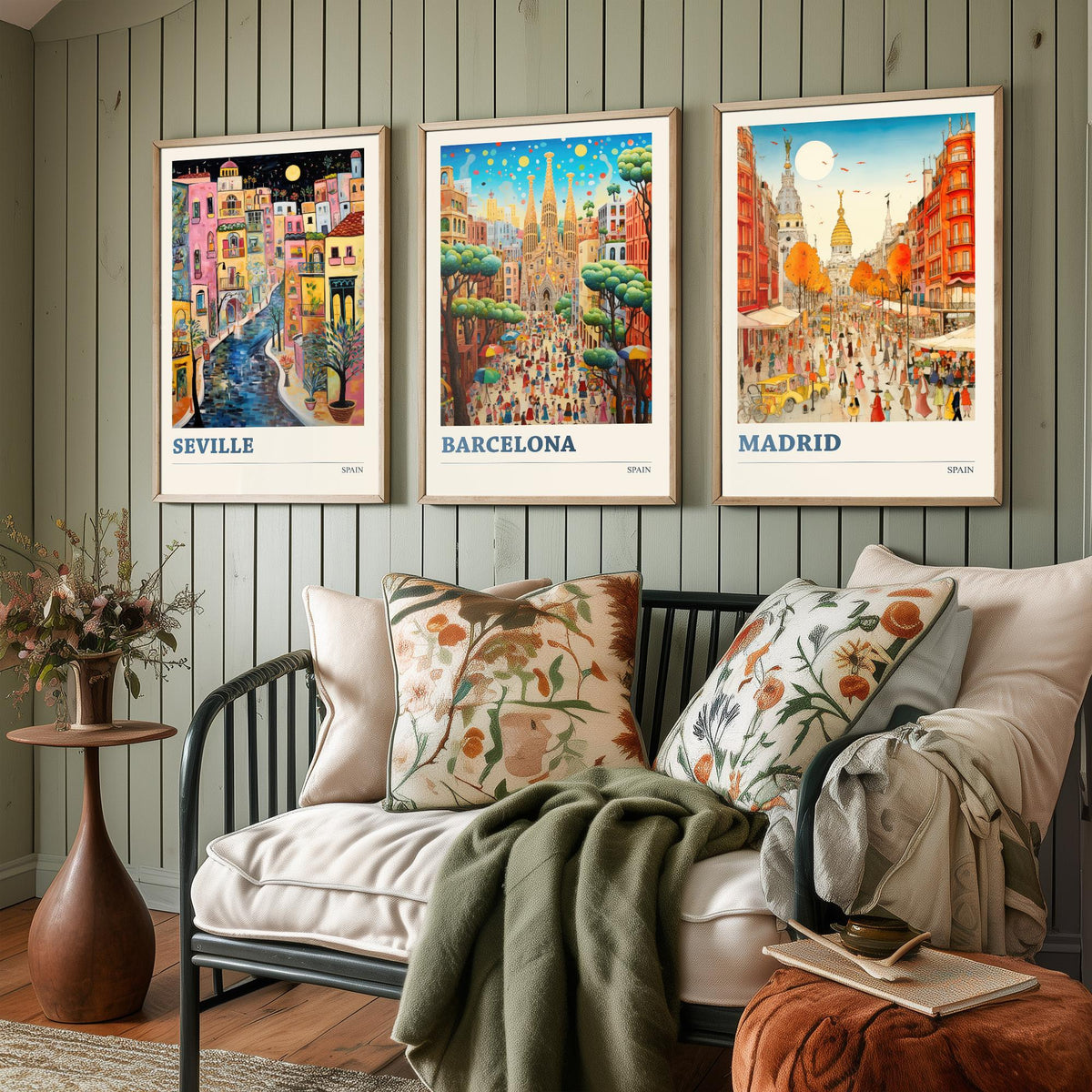 Spain Set of Three Travel Posters - Seville, Barcelona, Madrid - Ludwig Folk Art Prints - Naive Painting