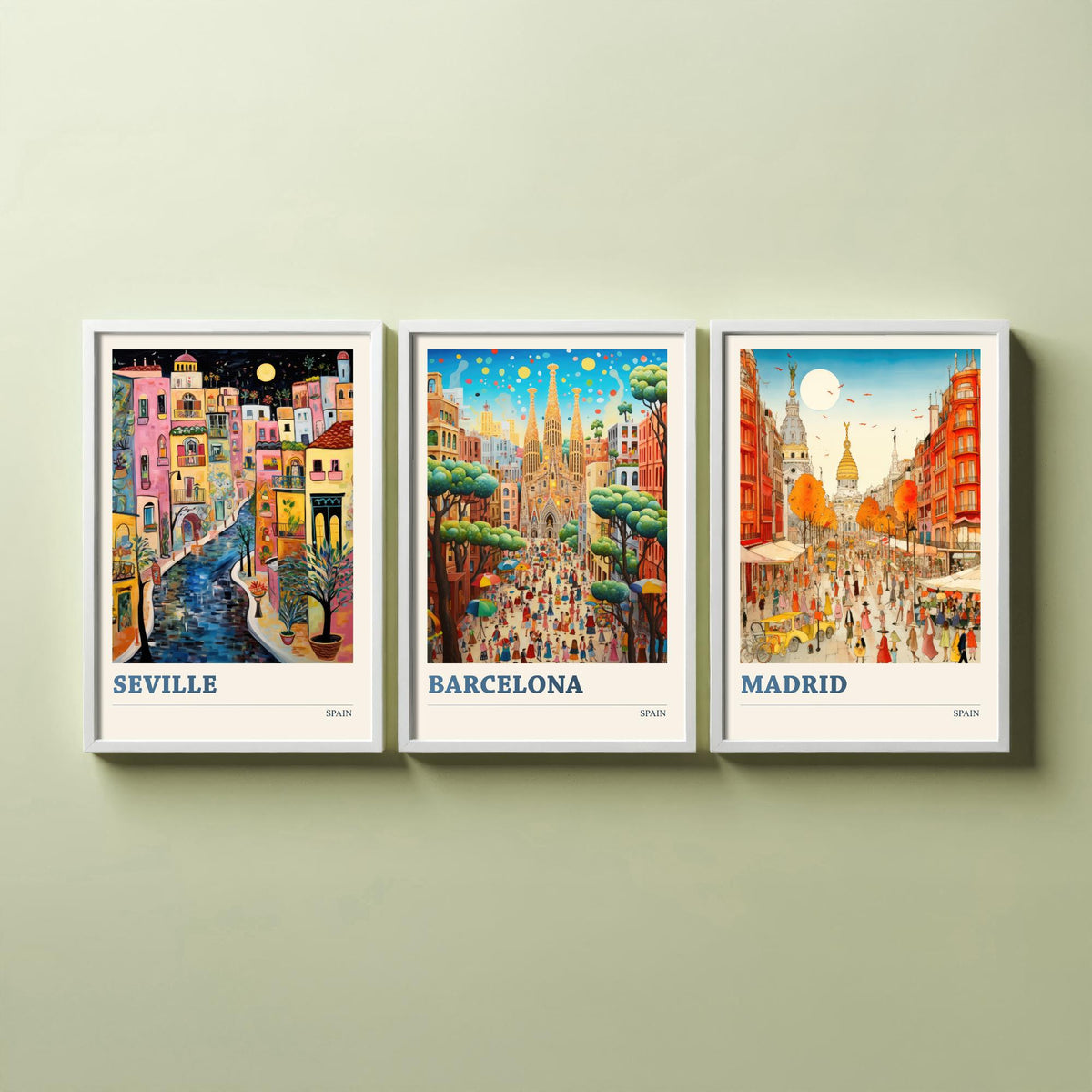 Spain Set of Three Travel Posters - Seville, Barcelona, Madrid - Ludwig Folk Art Prints - Naive Painting