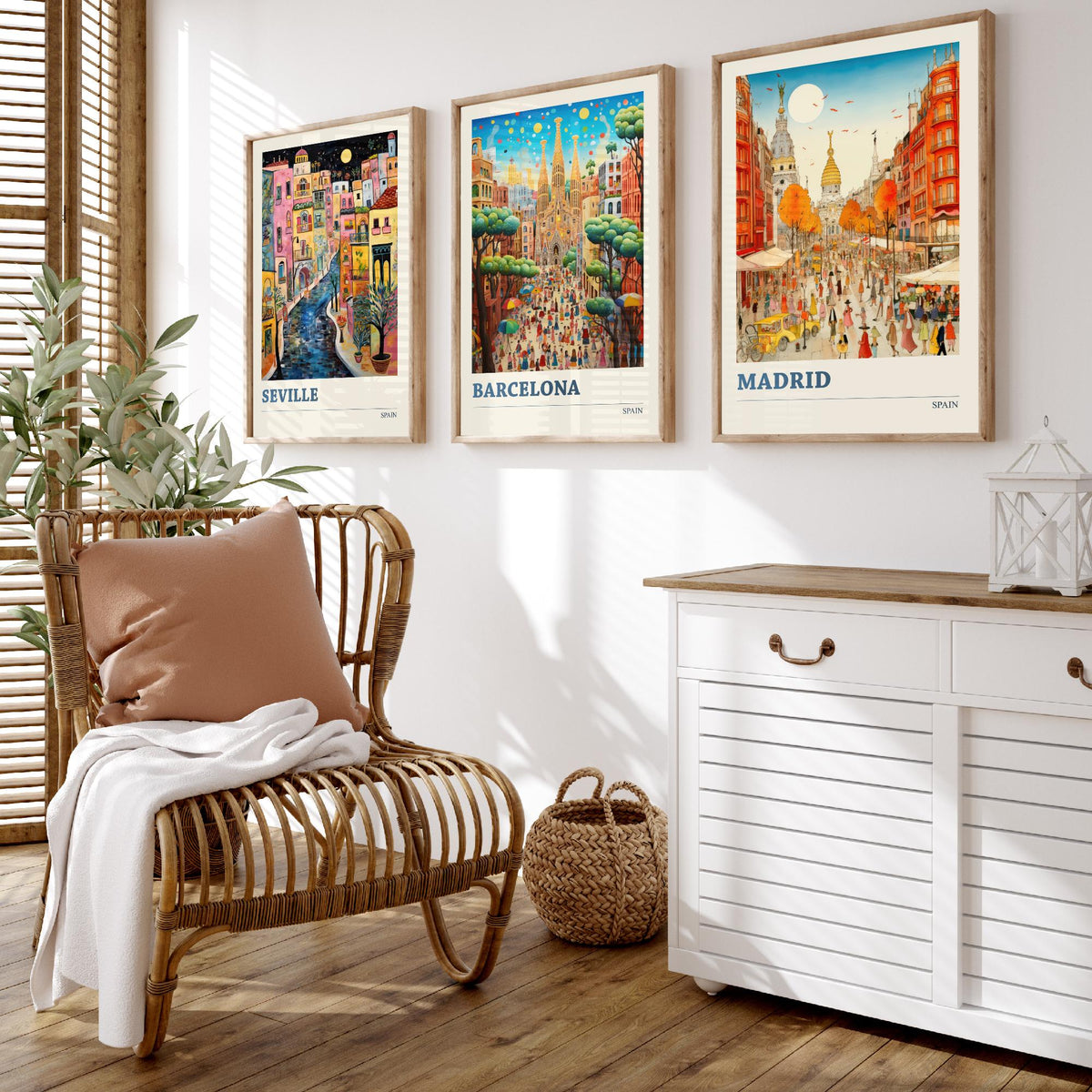 Spain Set of Three Travel Posters - Seville, Barcelona, Madrid - Ludwig Folk Art Prints - Naive Painting