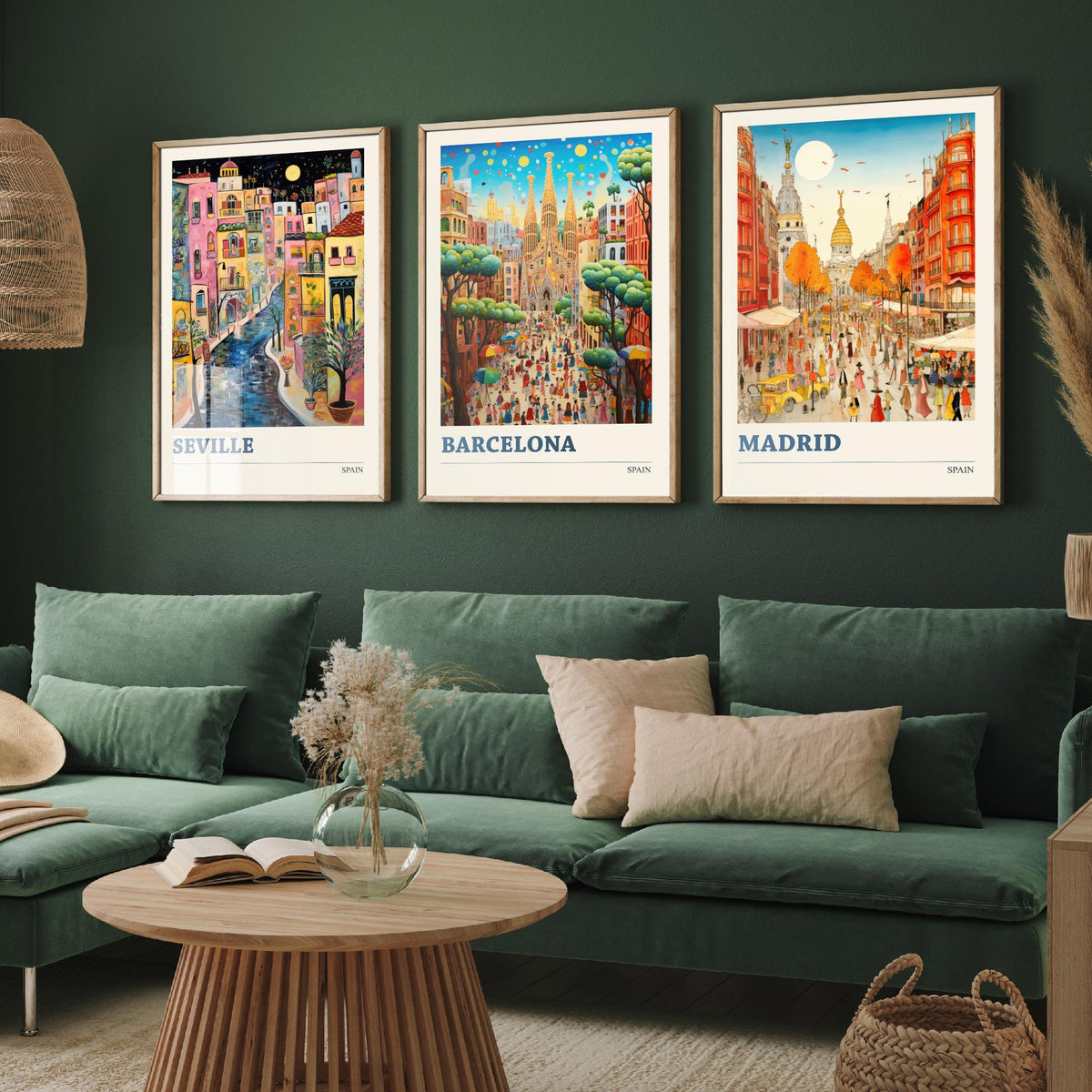 Spain Set of Three Travel Posters - Seville, Barcelona, Madrid - Ludwig Folk Art Prints - Naive Painting