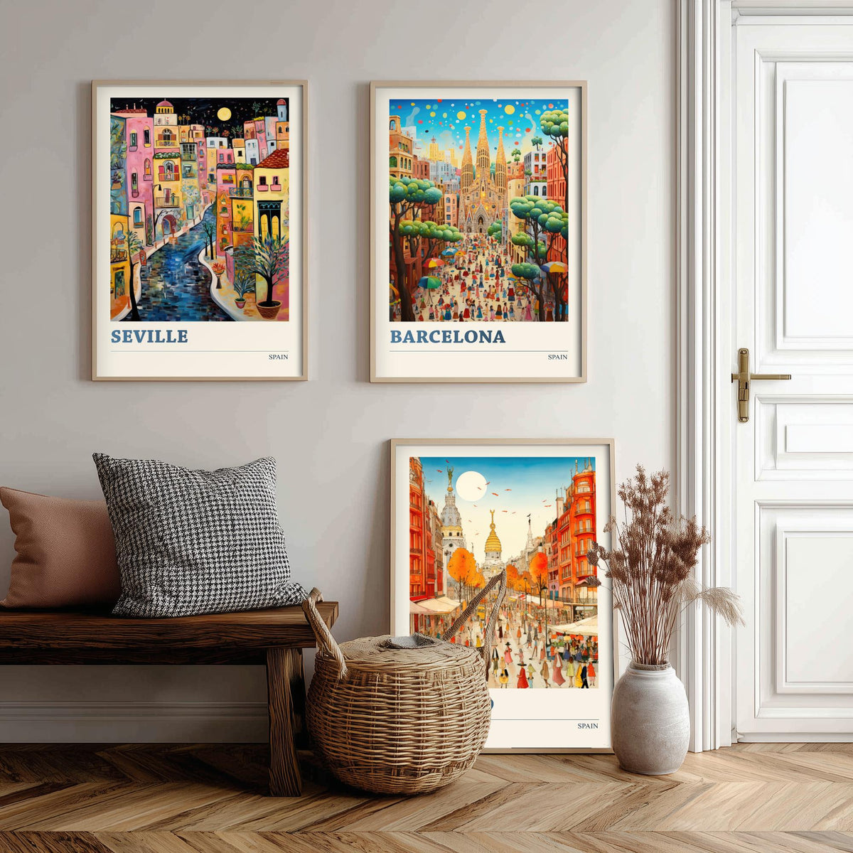 Spain Set of Three Travel Posters - Seville, Barcelona, Madrid - Ludwig Folk Art Prints - Naive Painting