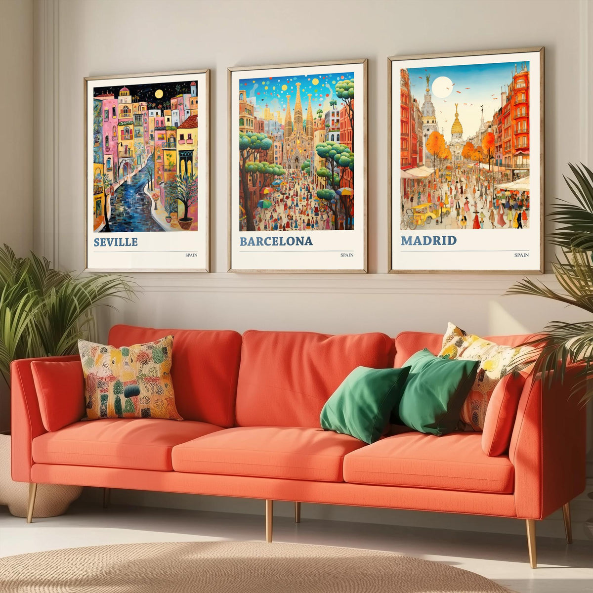 Spain Set of Three Travel Posters - Seville, Barcelona, Madrid - Ludwig Folk Art Prints - Naive Painting