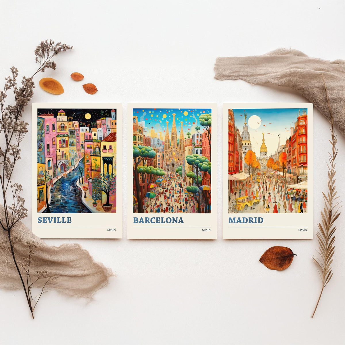Spain Set of Three Travel Posters - Seville, Barcelona, Madrid - Ludwig Folk Art Prints - Naive Painting