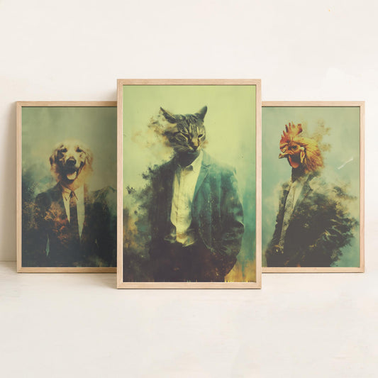 Animals in Suits Set of Three Art Prints - 3 Dog Chicken Cat Posters - Quirky Vintage Photo Wall Art Funny Portrait Gift