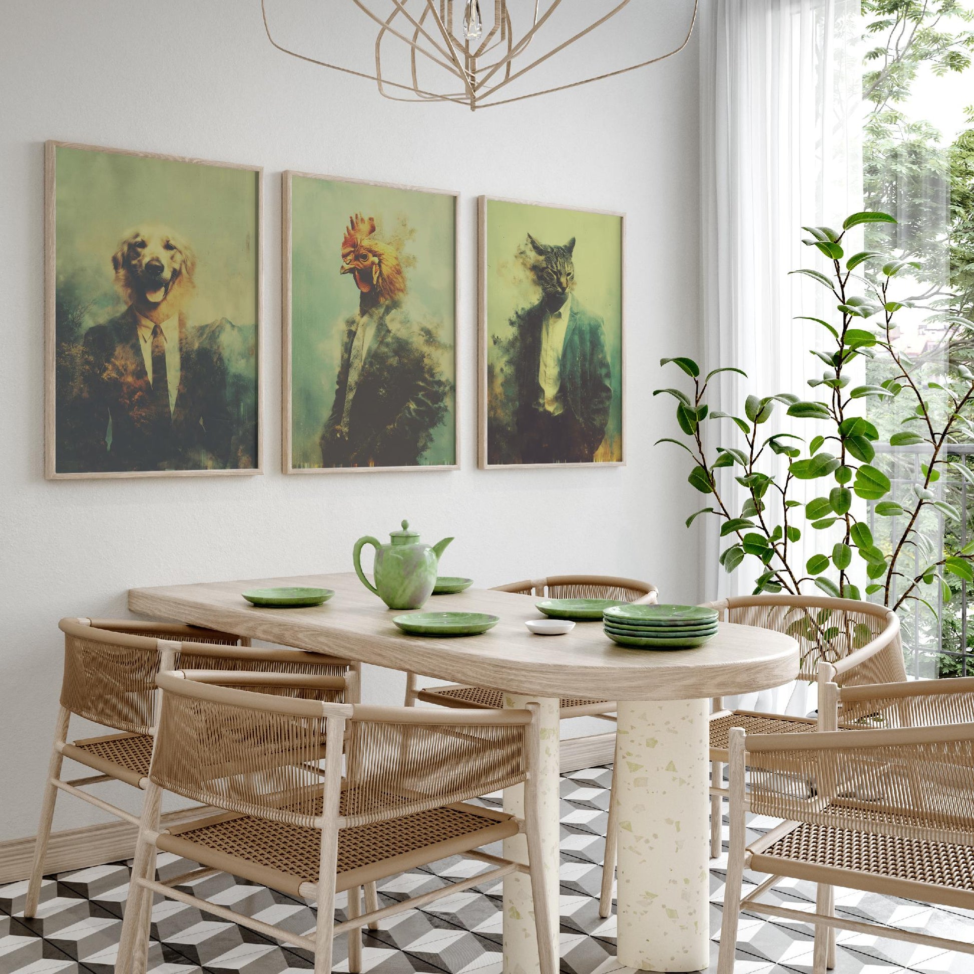 Animals in Suits Set of Three Art Prints - 3 Dog Chicken Cat Posters - Quirky Vintage Photo Wall Art Funny Portrait Gift