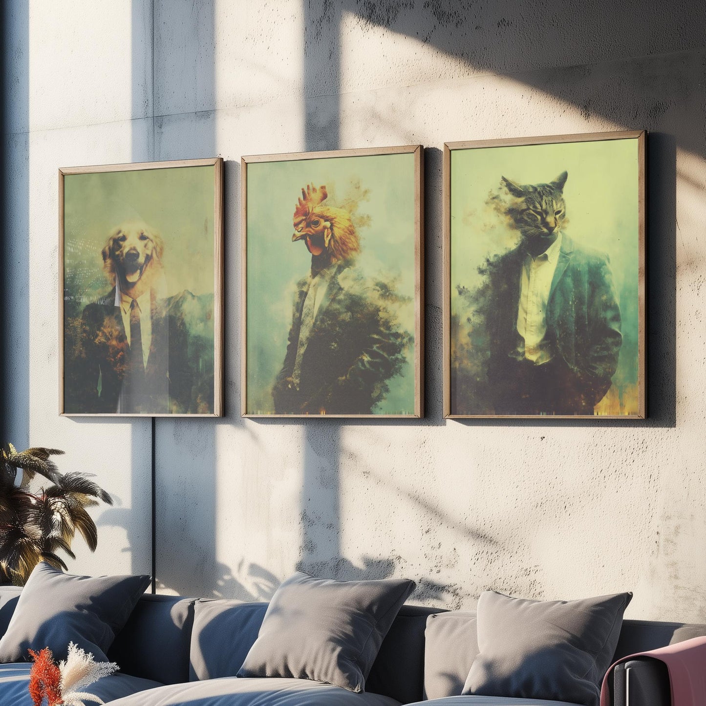 Animals in Suits Set of Three Art Prints - 3 Dog Chicken Cat Posters - Quirky Vintage Photo Wall Art Funny Portrait Gift
