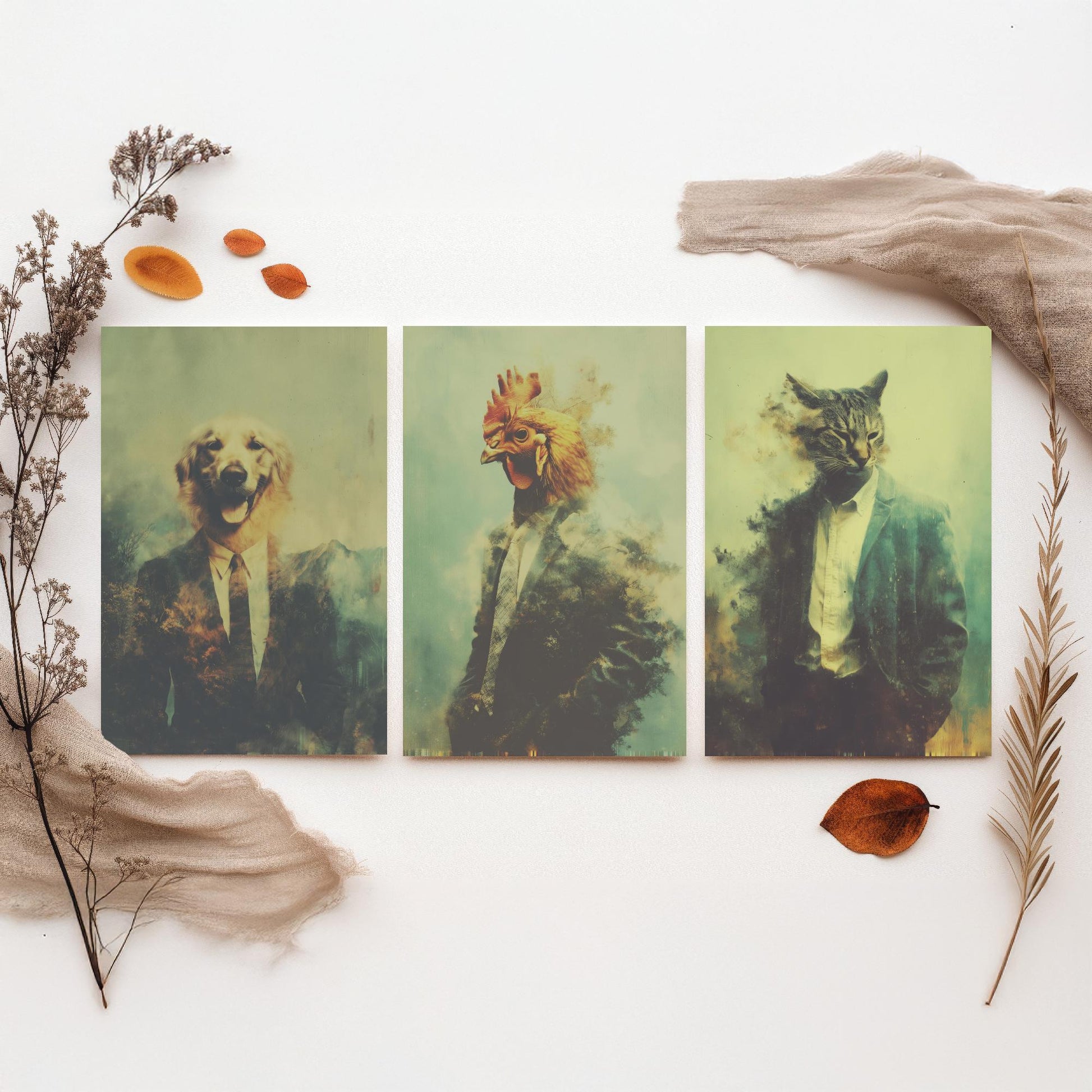 Animals in Suits Set of Three Art Prints - 3 Dog Chicken Cat Posters - Quirky Vintage Photo Wall Art Funny Portrait Gift