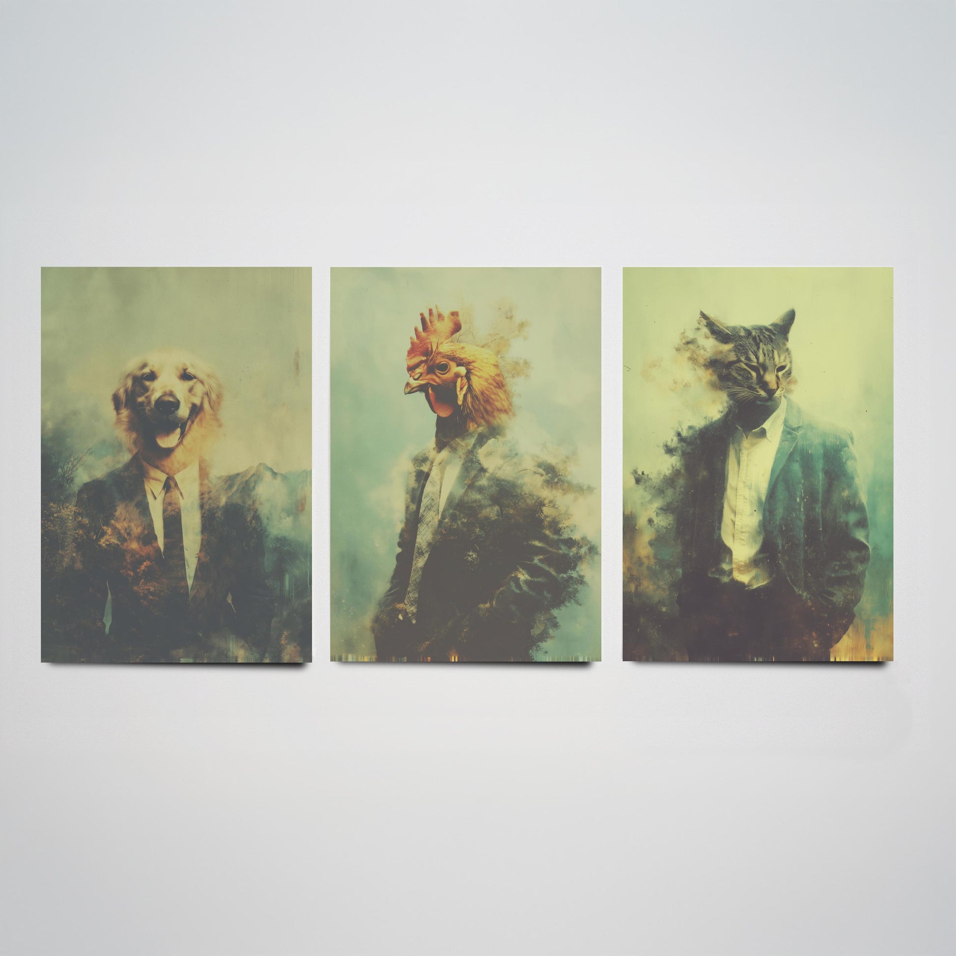 Animals in Suits Set of Three Art Prints - 3 Dog Chicken Cat Posters - Quirky Vintage Photo Wall Art Funny Portrait Gift