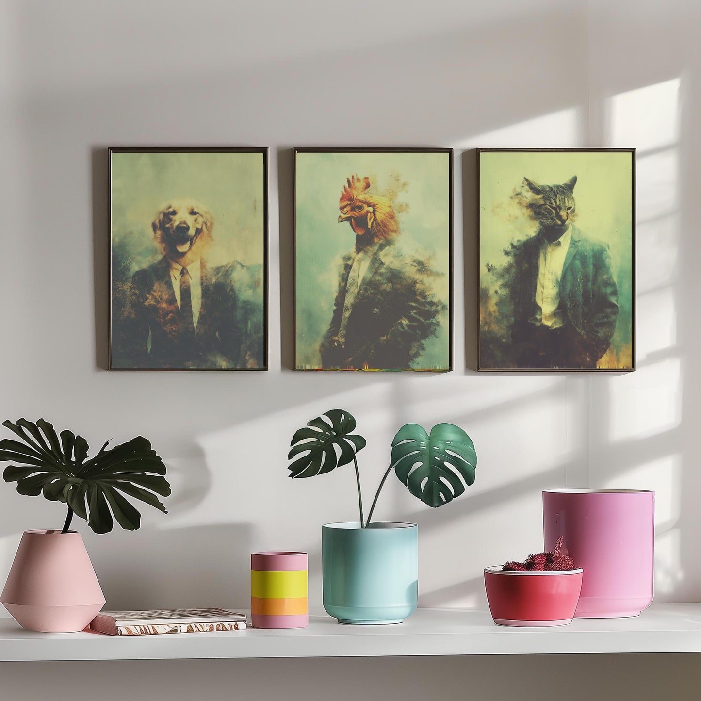 Animals in Suits Set of Three Art Prints - 3 Dog Chicken Cat Posters - Quirky Vintage Photo Wall Art Funny Portrait Gift