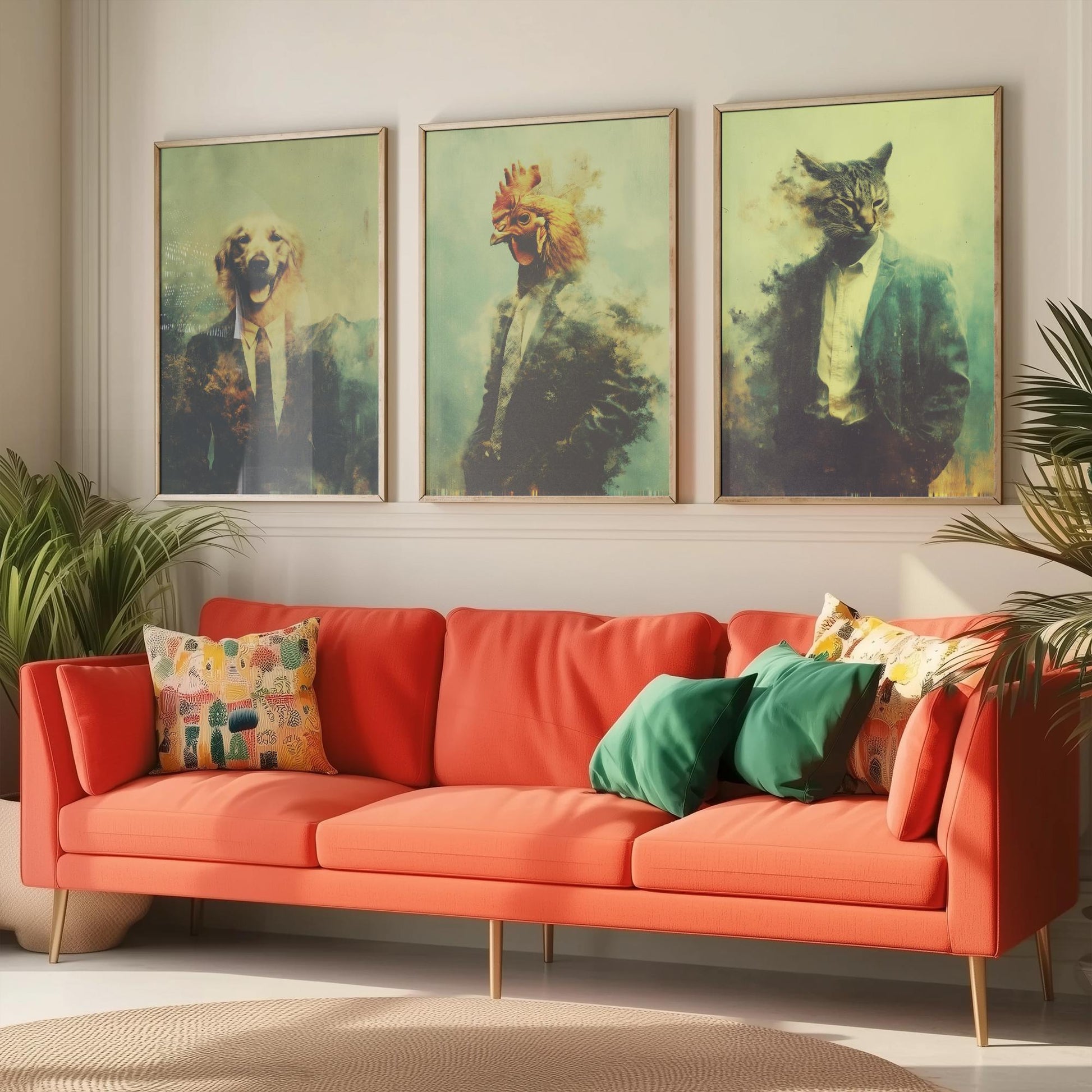 Animals in Suits Set of Three Art Prints - 3 Dog Chicken Cat Posters - Quirky Vintage Photo Wall Art Funny Portrait Gift