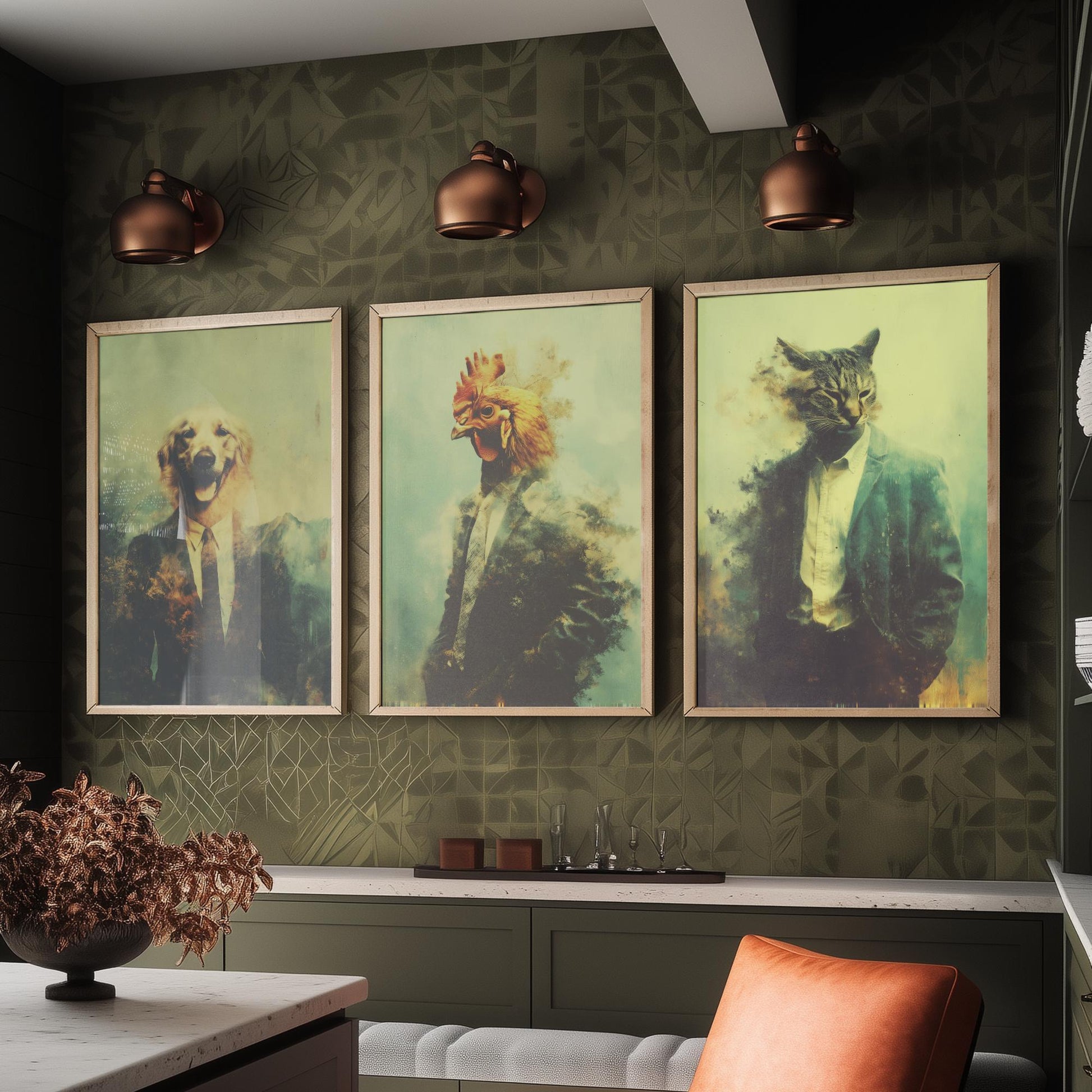 Animals in Suits Set of Three Art Prints - 3 Dog Chicken Cat Posters - Quirky Vintage Photo Wall Art Funny Portrait Gift