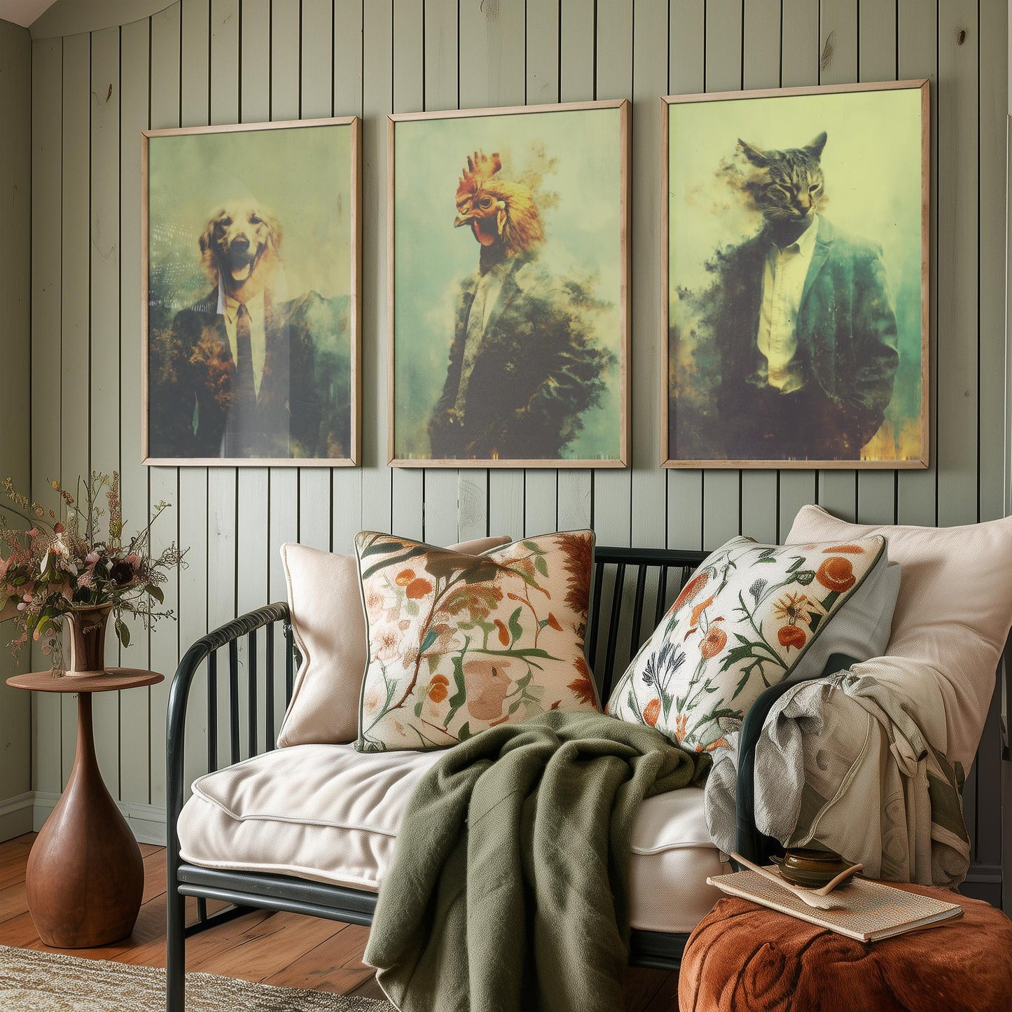 Animals in Suits Set of Three Art Prints - 3 Dog Chicken Cat Posters - Quirky Vintage Photo Wall Art Funny Portrait Gift