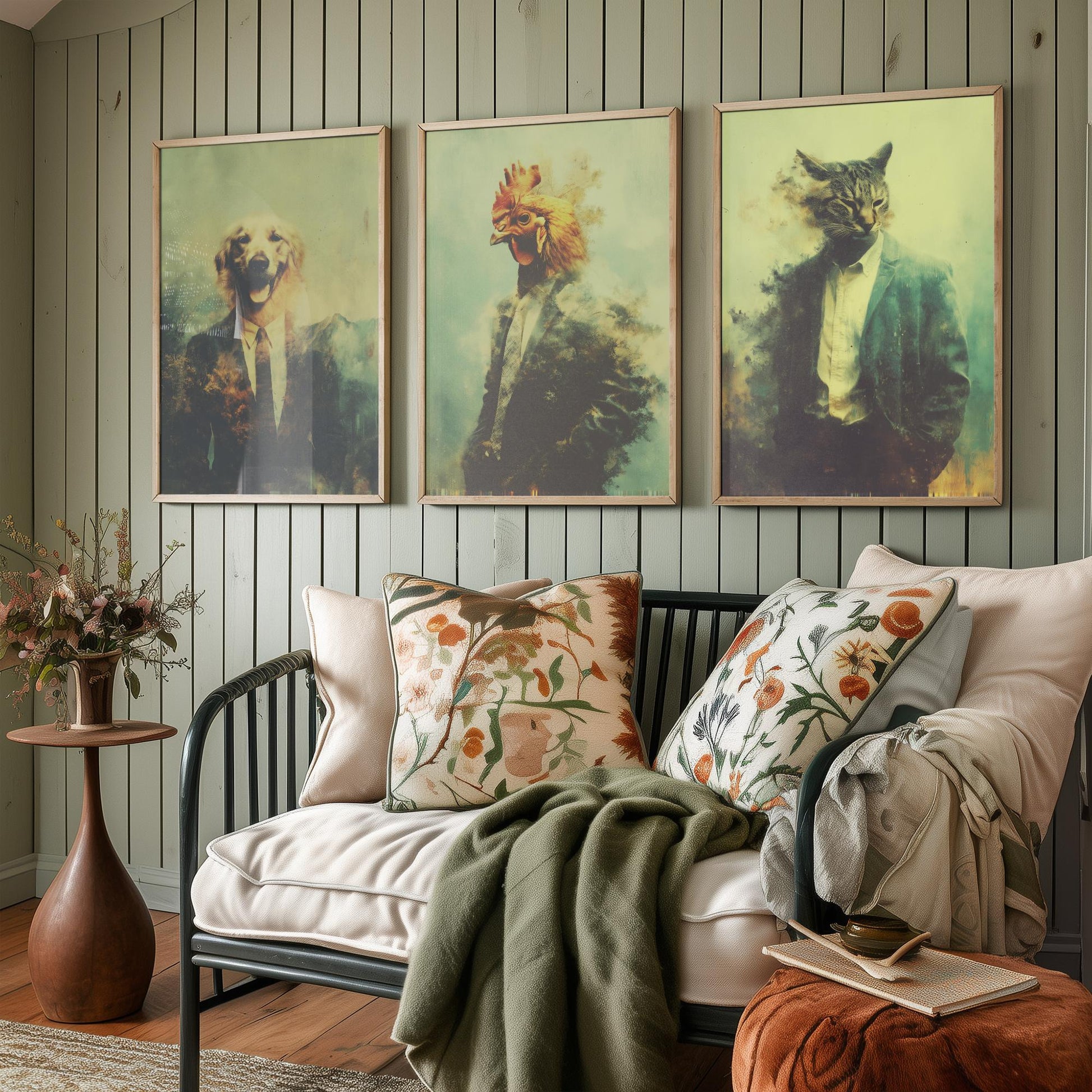Animals in Suits Set of Three Art Prints - 3 Dog Chicken Cat Posters - Quirky Vintage Photo Wall Art Funny Portrait Gift