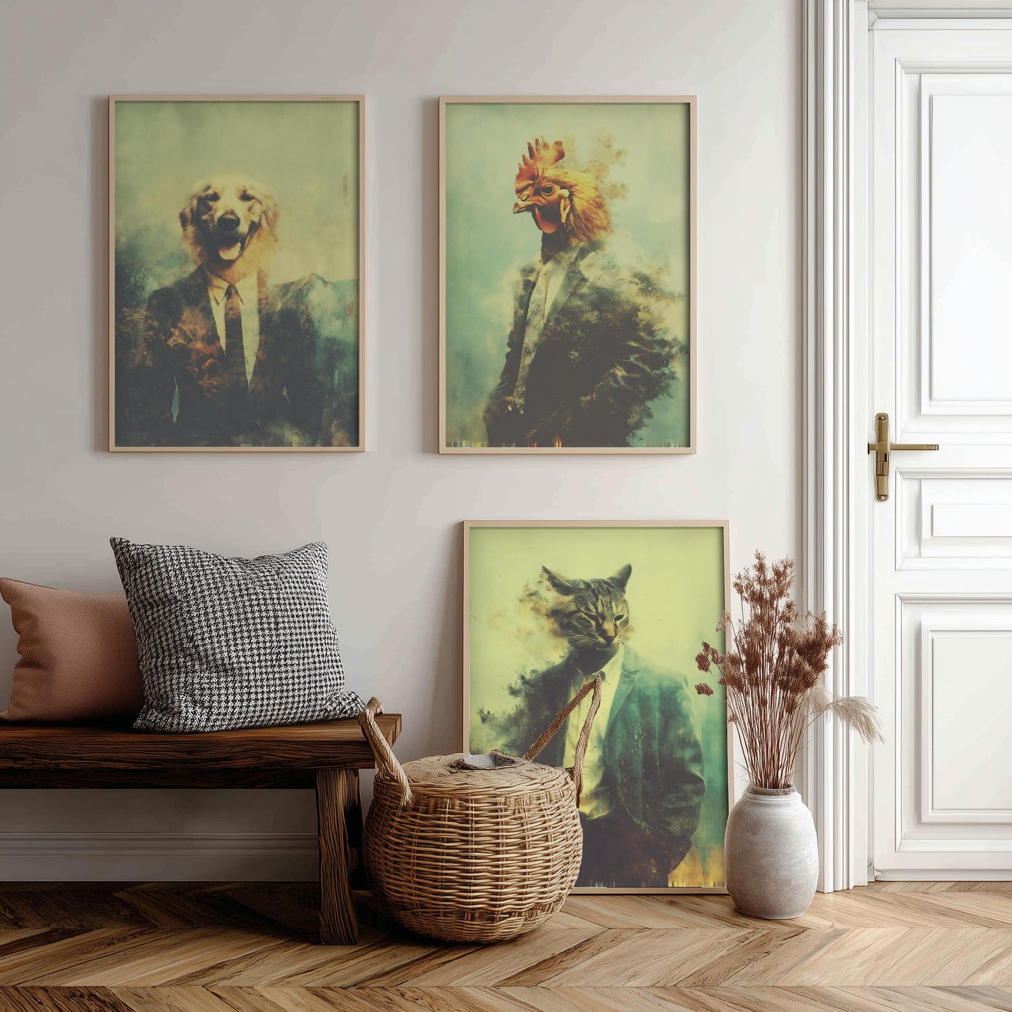 Animals in Suits Set of Three Art Prints - 3 Dog Chicken Cat Posters - Quirky Vintage Photo Wall Art Funny Portrait Gift
