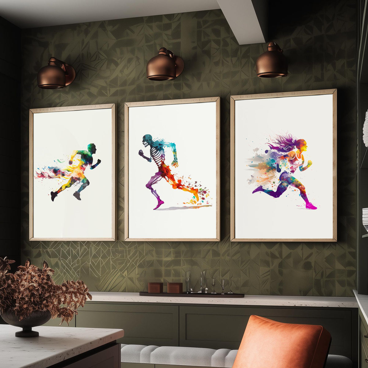 Sprinting Runners Set of Three Art Prints - Rainbow Watercolour Athletes and Skeleton - Running Poster Painting