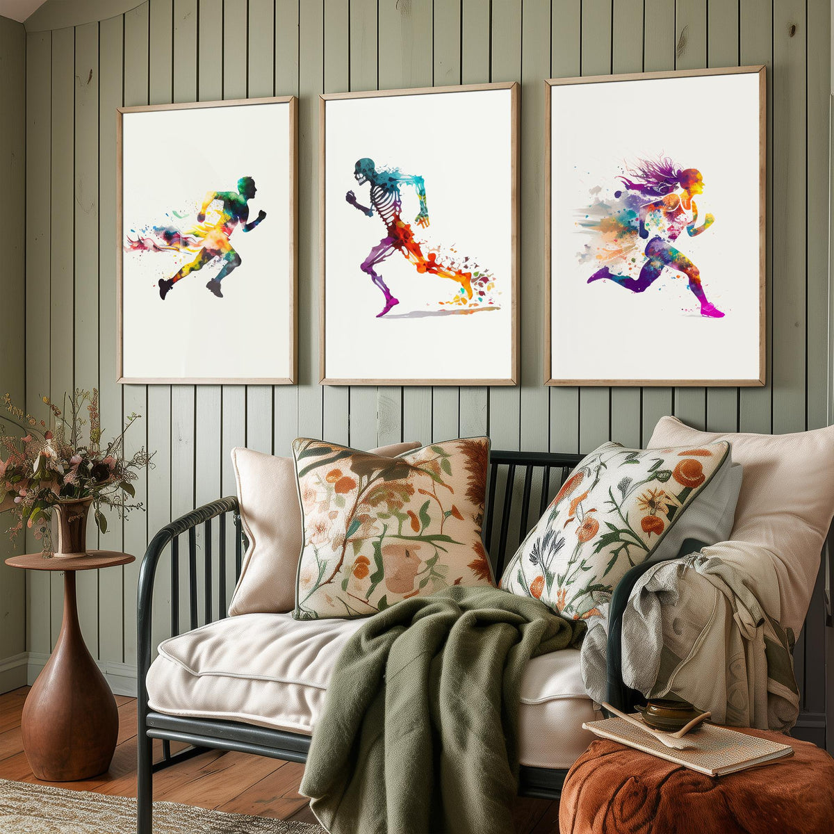 Sprinting Runners Set of Three Art Prints - Rainbow Watercolour Athletes and Skeleton - Running Poster Painting