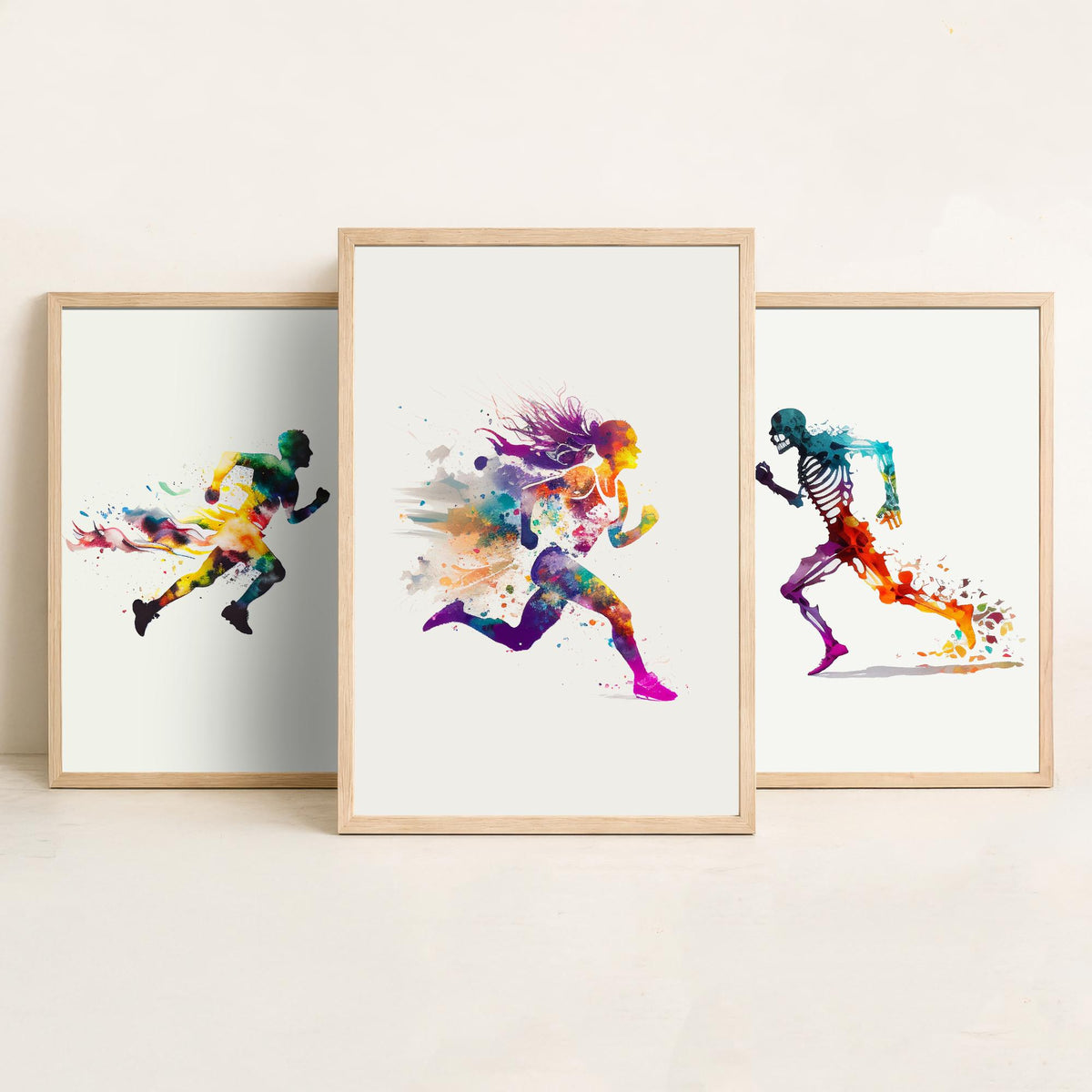Sprinting Runners Set of Three Art Prints - Rainbow Watercolour Athletes and Skeleton - Running Poster Painting