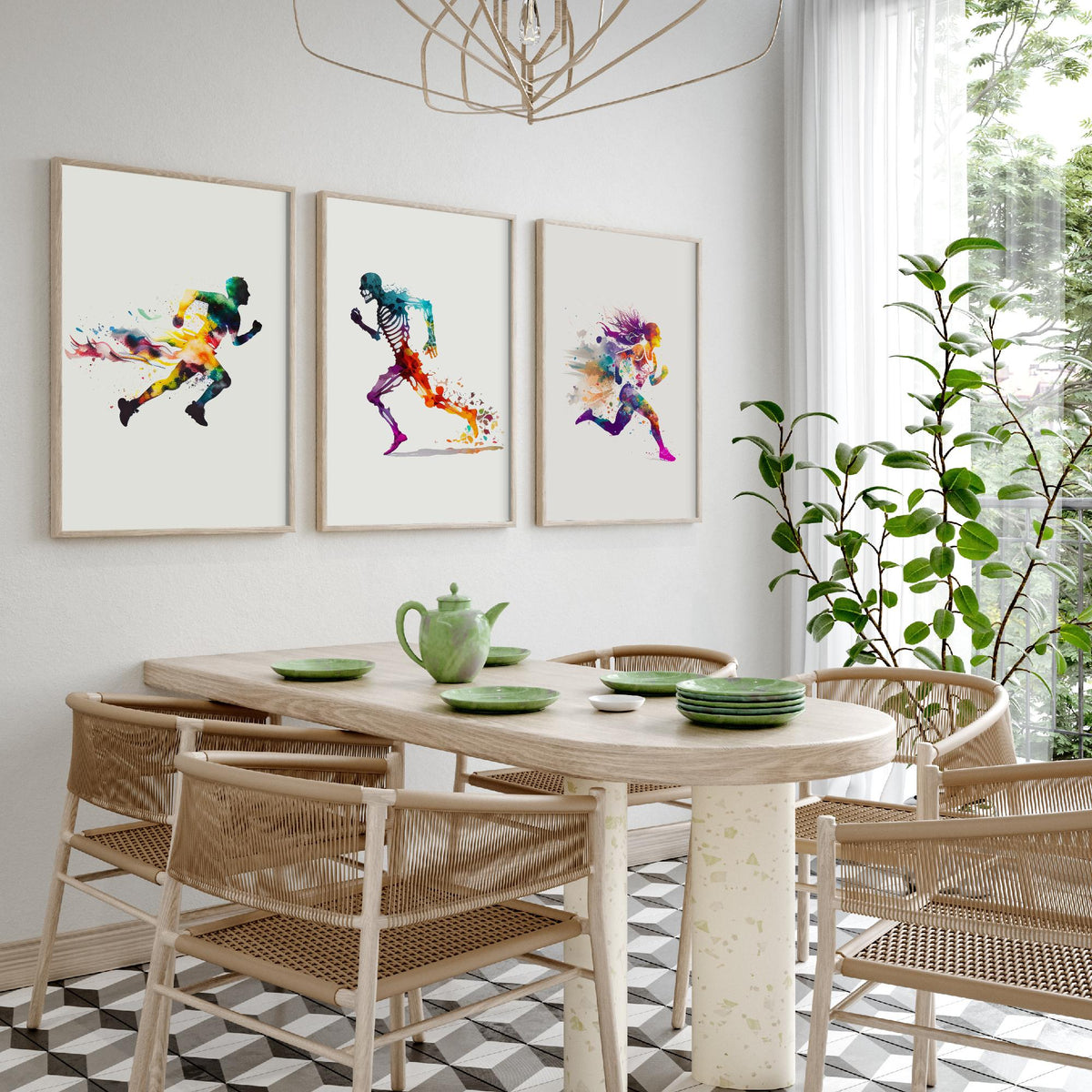 Sprinting Runners Set of Three Art Prints - Rainbow Watercolour Athletes and Skeleton - Running Poster Painting