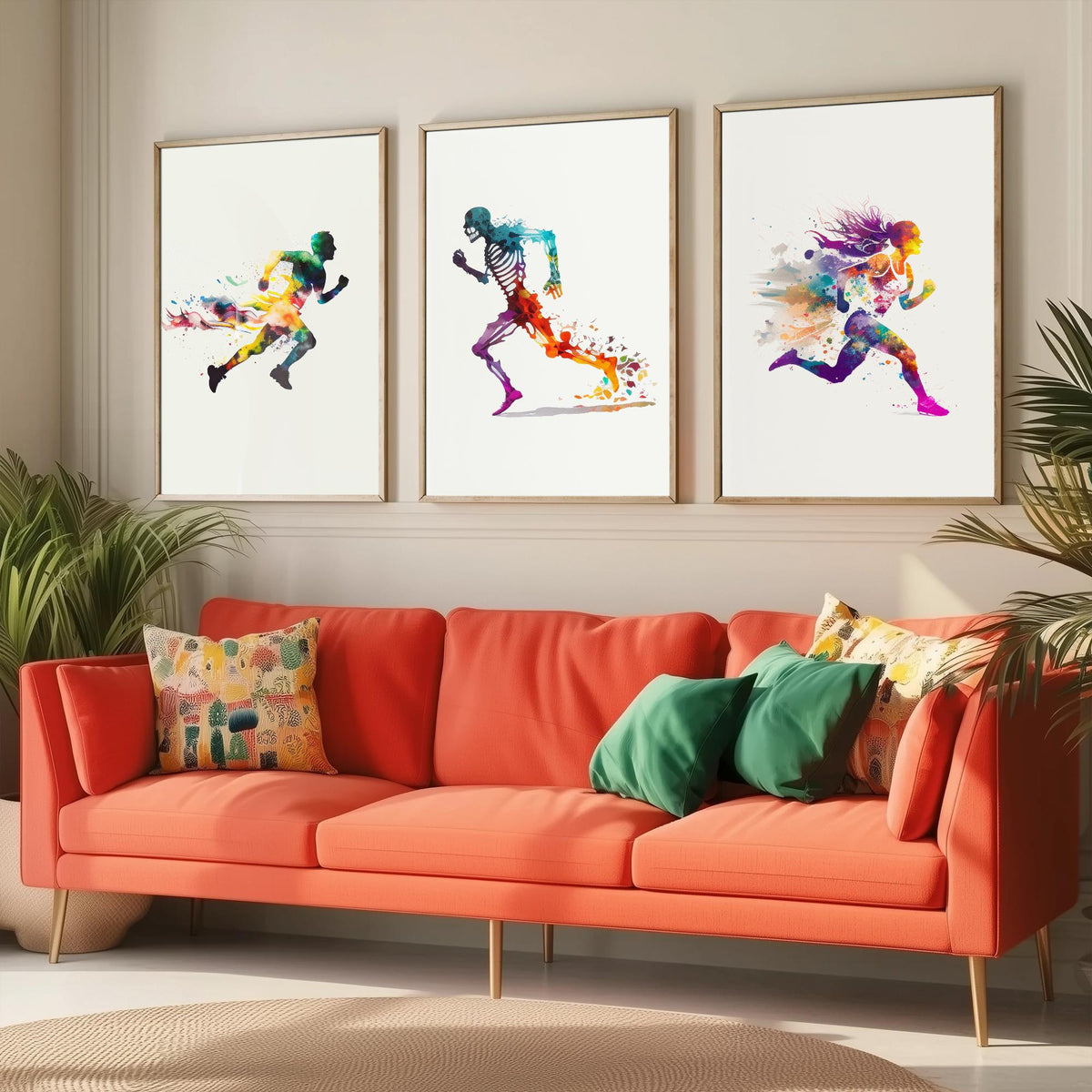 Sprinting Runners Set of Three Art Prints - Rainbow Watercolour Athletes and Skeleton - Running Poster Painting